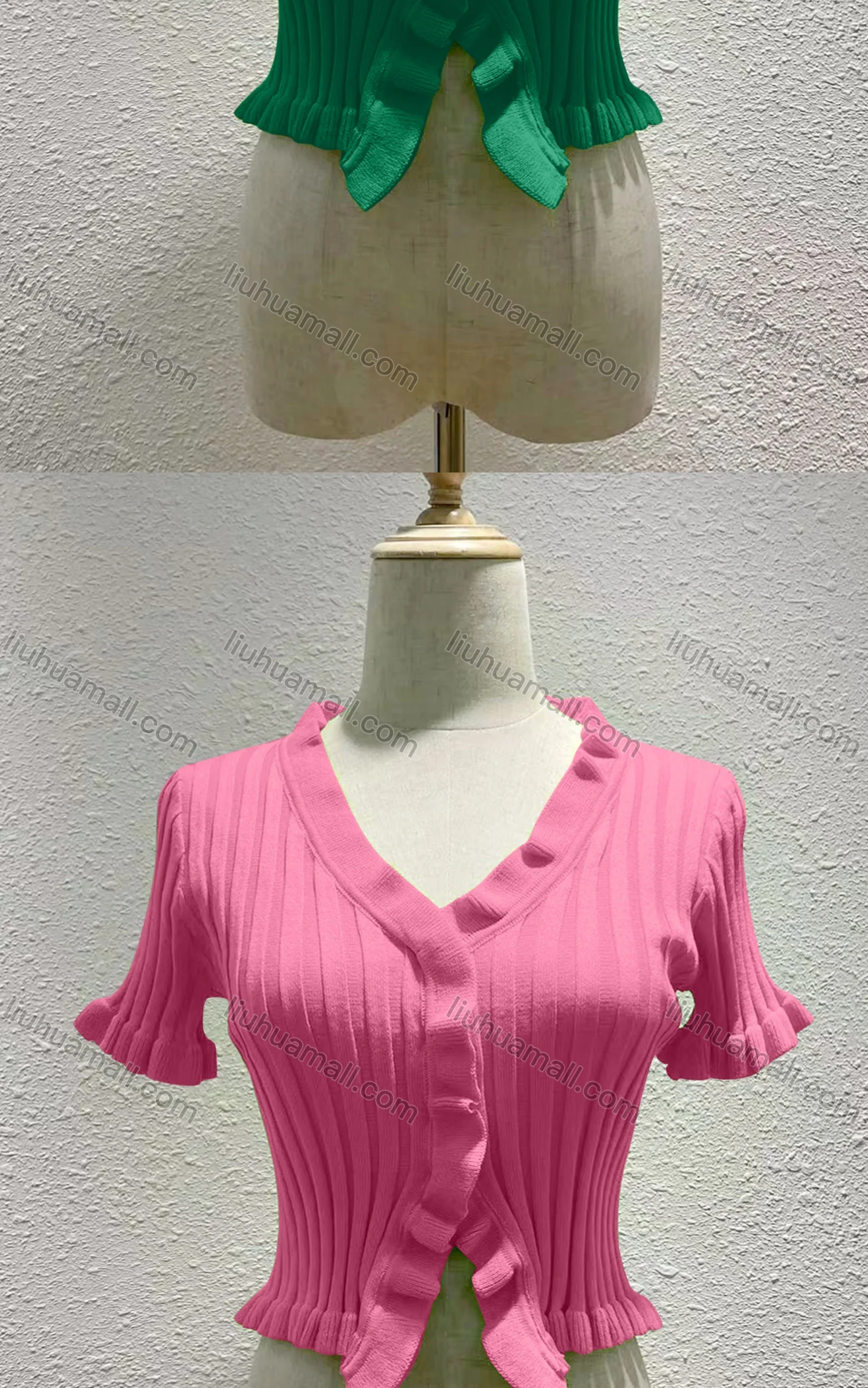 Wholesale Women's Casual Plain V Neck Short Sleeve Ruffle Trim Crop Top 8242# - Liuhuamall