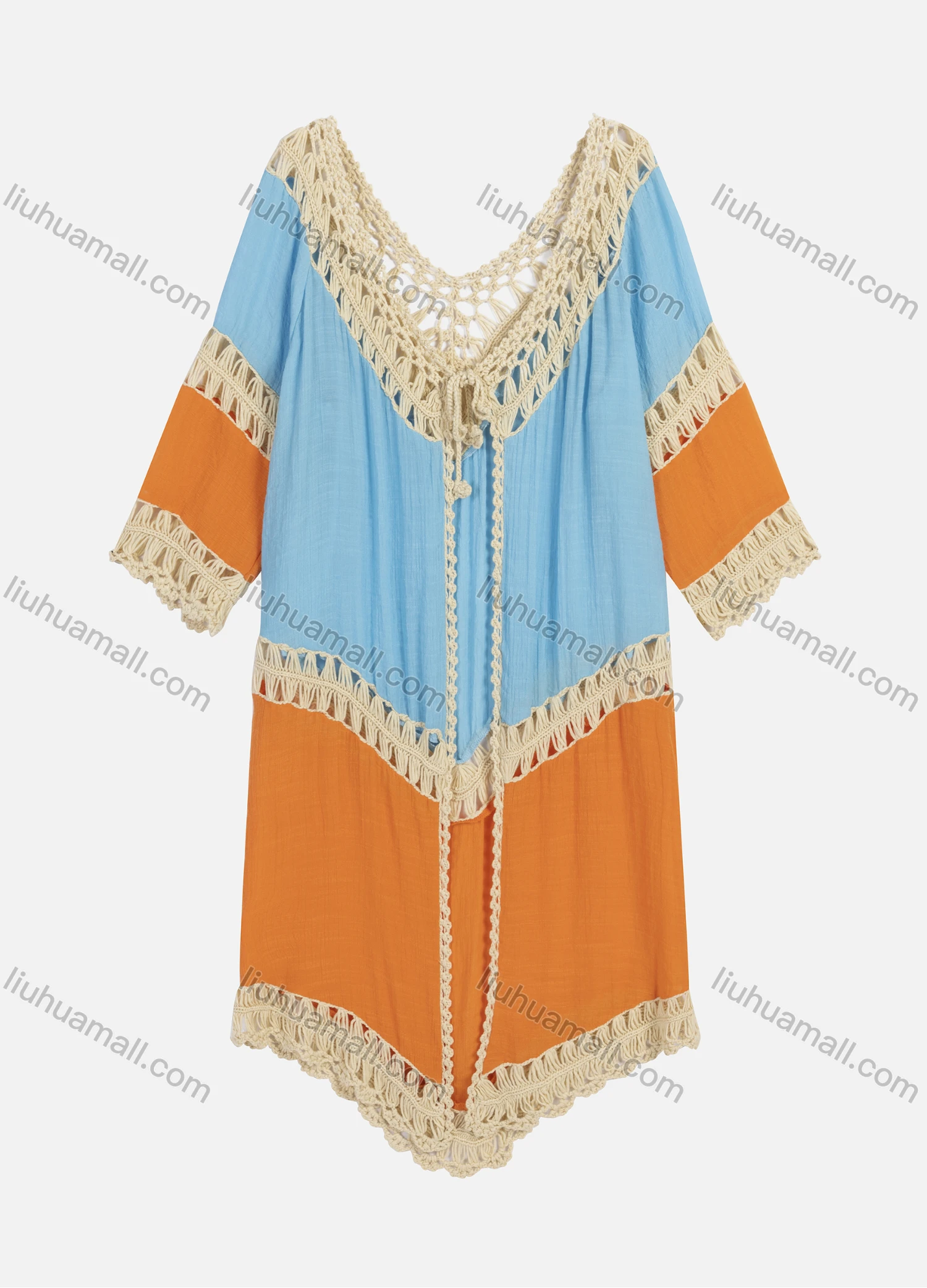 Wholesale Women's Casual Hollow Out Colorblock Tie Front Cover Up Cardigan 2299# - Liuhuamall