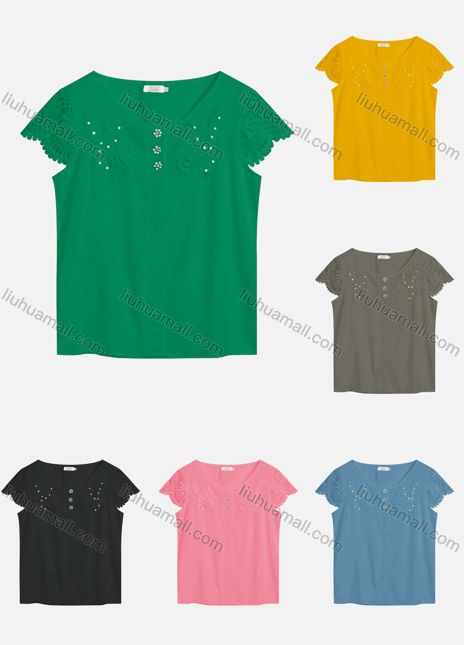 Wholesale Women's Casual Crew Neck Pearl Decor Appliques Blouse 22322# - Liuhuamall