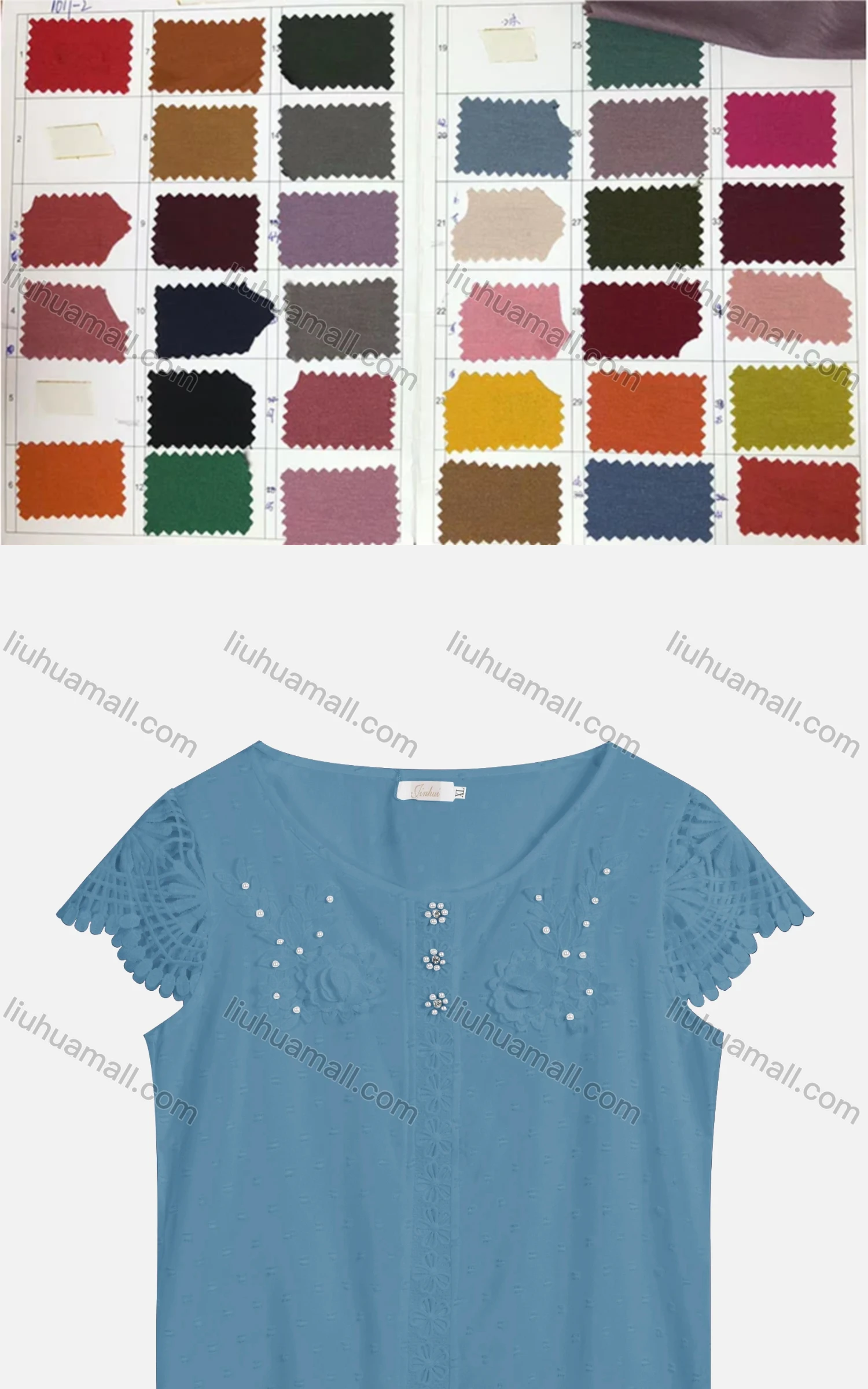 Wholesale Women's Casual Crew Neck Pearl Decor Appliques Blouse 22322# - Liuhuamall