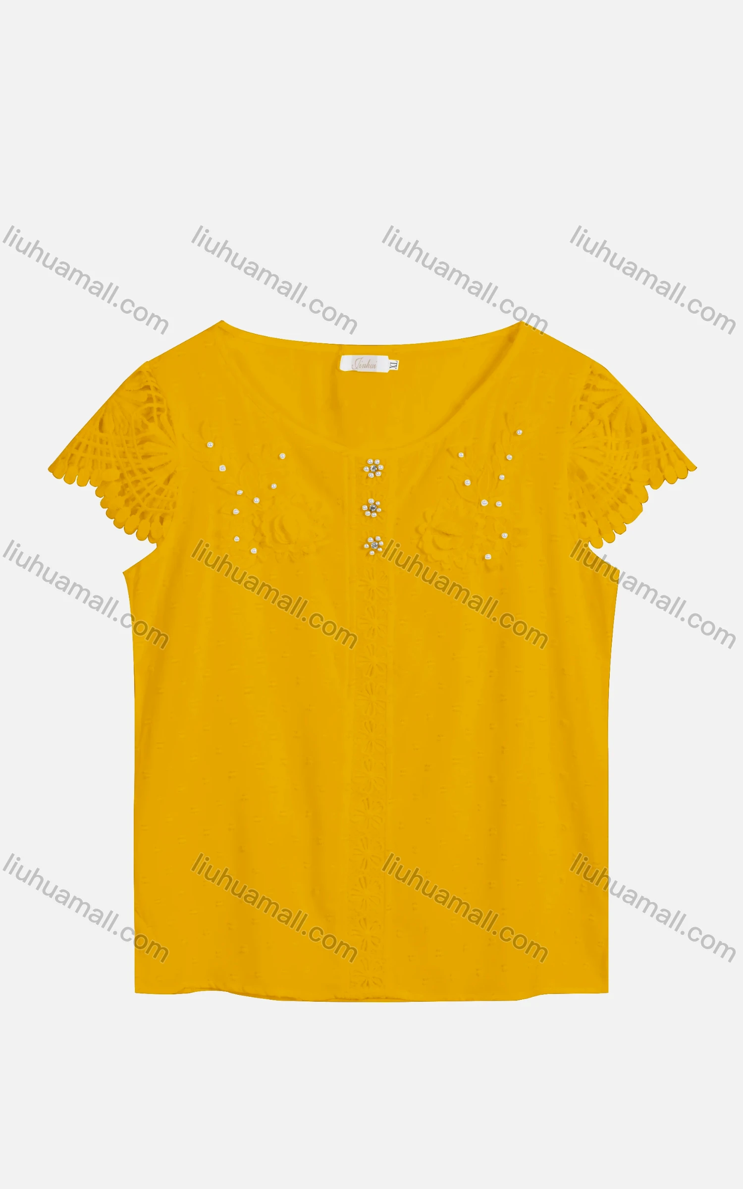 Wholesale Women's Casual Crew Neck Pearl Decor Appliques Blouse 22322# - Liuhuamall