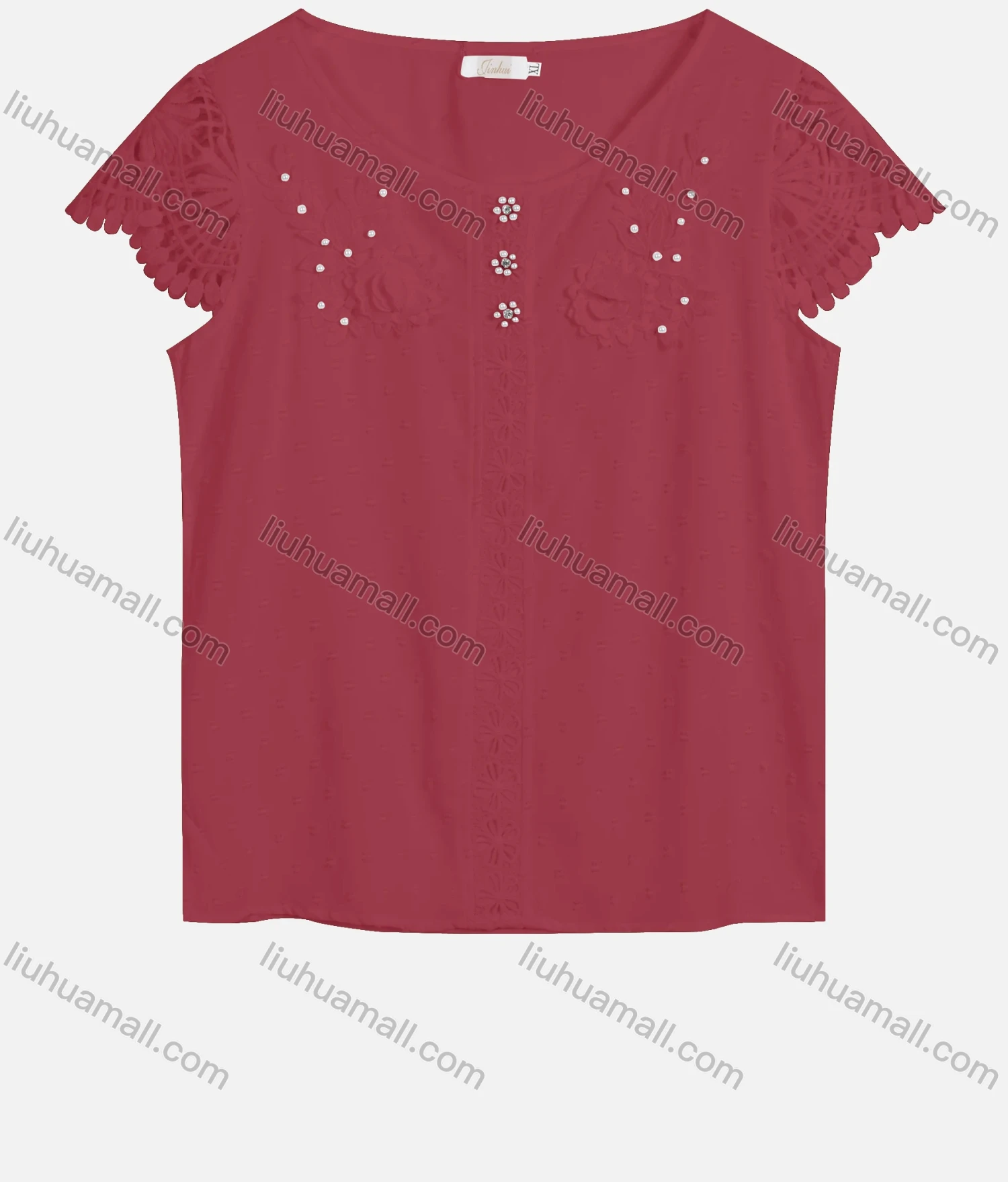 Wholesale Women's Casual Crew Neck Pearl Decor Appliques Blouse 22322# - Liuhuamall