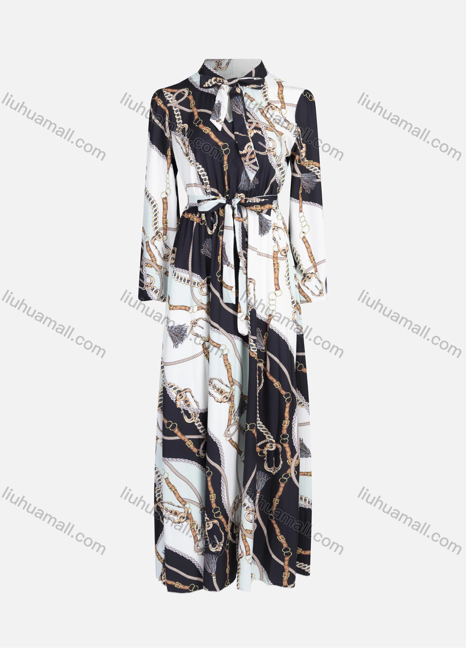 Wholesale Women's Vintage Tie Neck Long Sleeve Colorblock Chain Print Maxi Dress 202357# - Liuhuamall