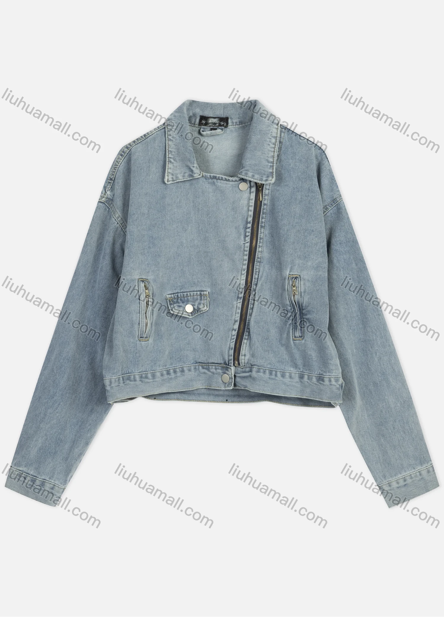 Wholesale Women's Casual Collared Plain Pockets Drop Shoulder Zipper Crop Denim Jacket - Liuhuamall