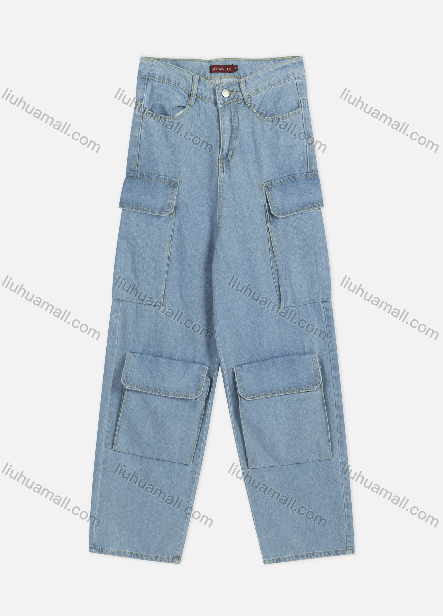Wholesale Women's Fashion Plain 100%Cotton Multiple Flap Pockets Loose Fit Cargo Jeans - Liuhuamall