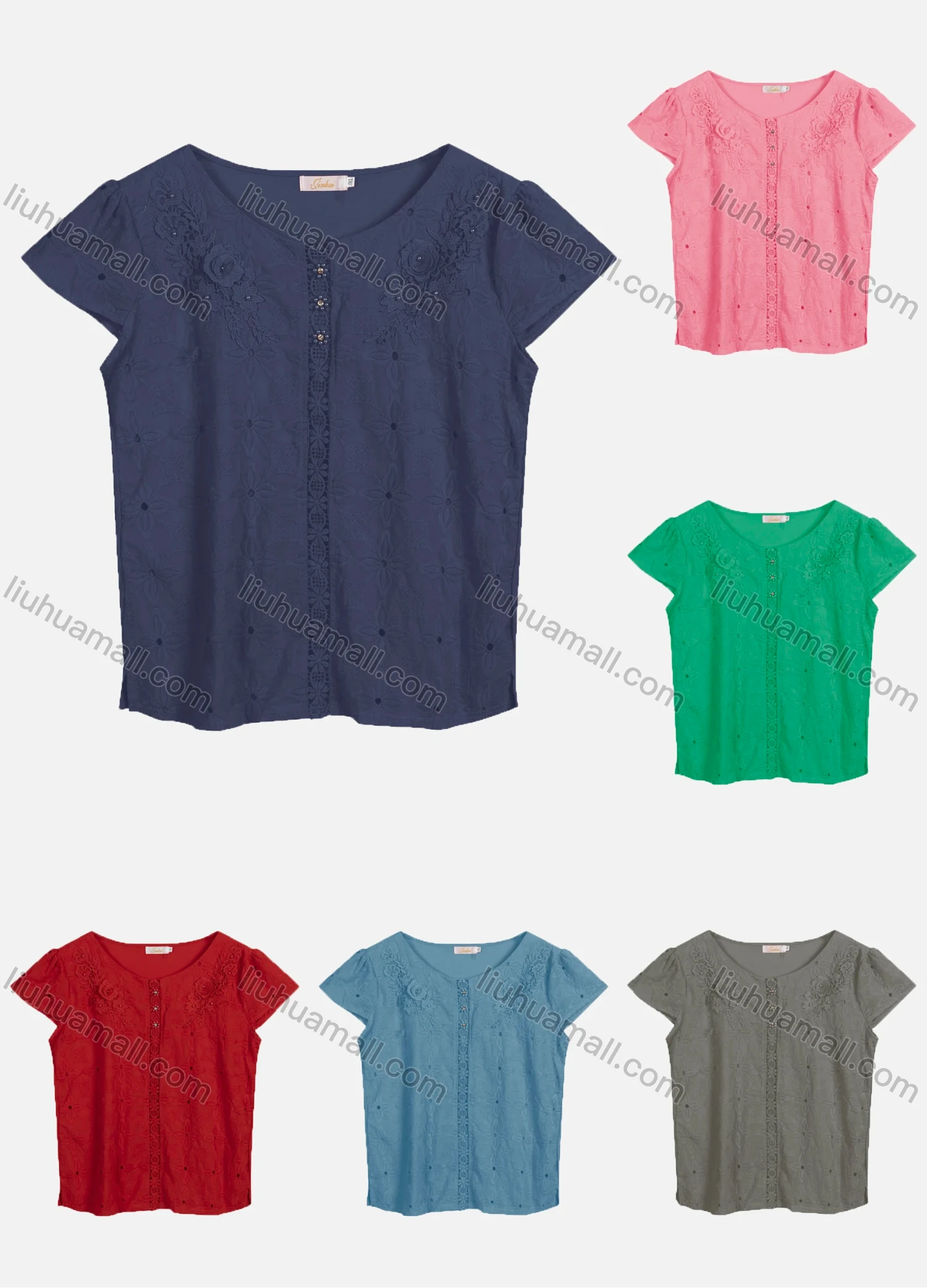 Wholesale Women's Casual Crew Neck Appliques Pearl Decor Short Sleeve Blouse 223153# - Liuhuamall