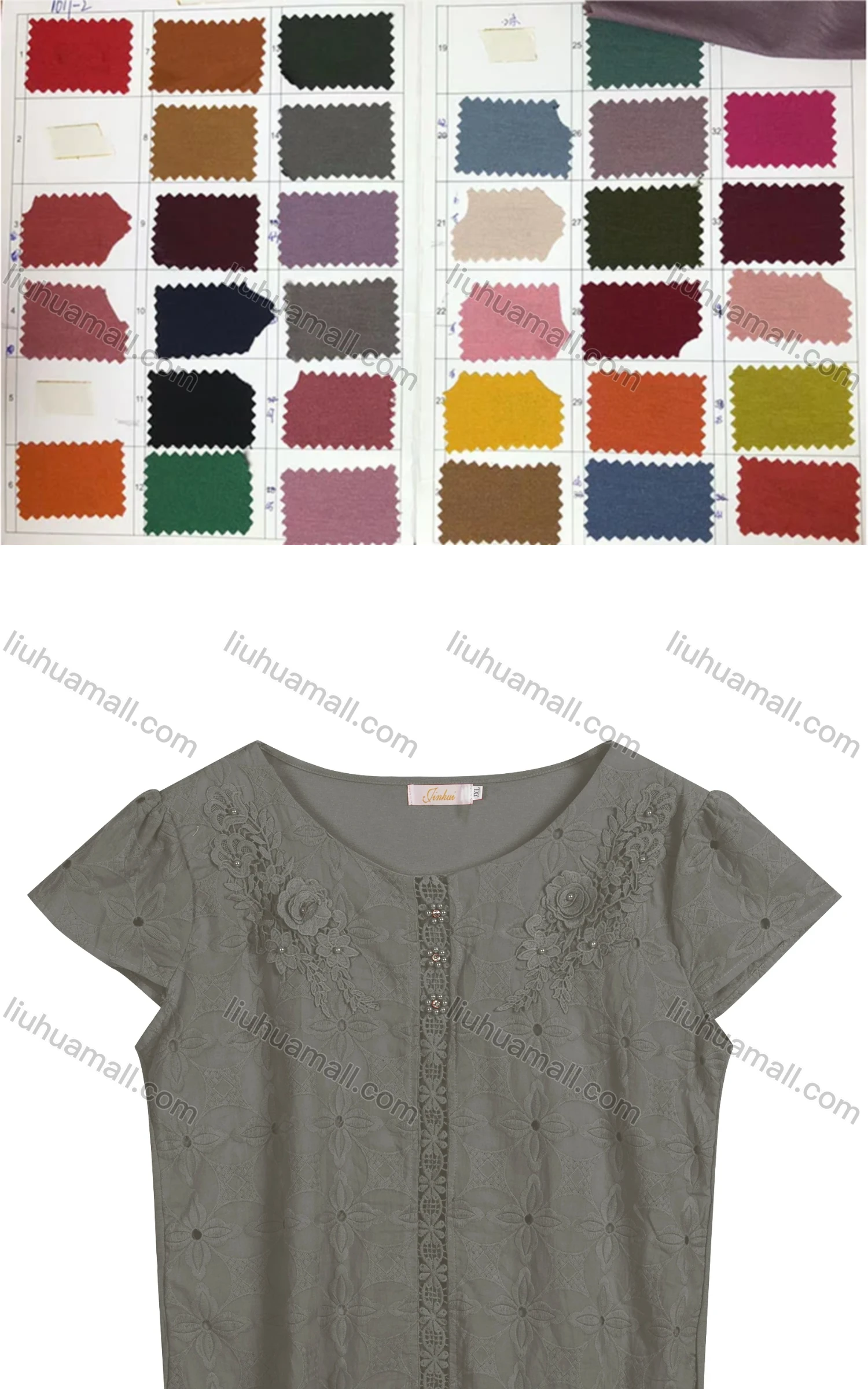 Wholesale Women's Casual Crew Neck Appliques Pearl Decor Short Sleeve Blouse 223153# - Liuhuamall