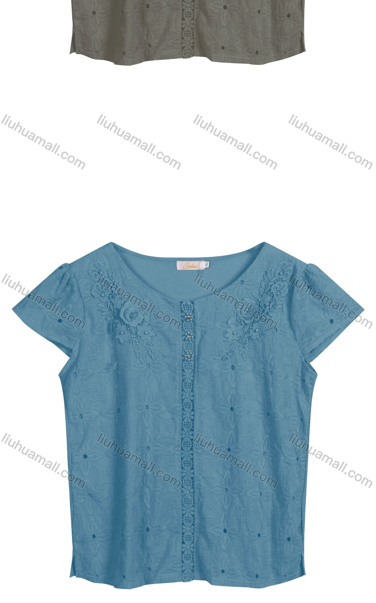 Wholesale Women's Casual Crew Neck Appliques Pearl Decor Short Sleeve Blouse 223153# - Liuhuamall