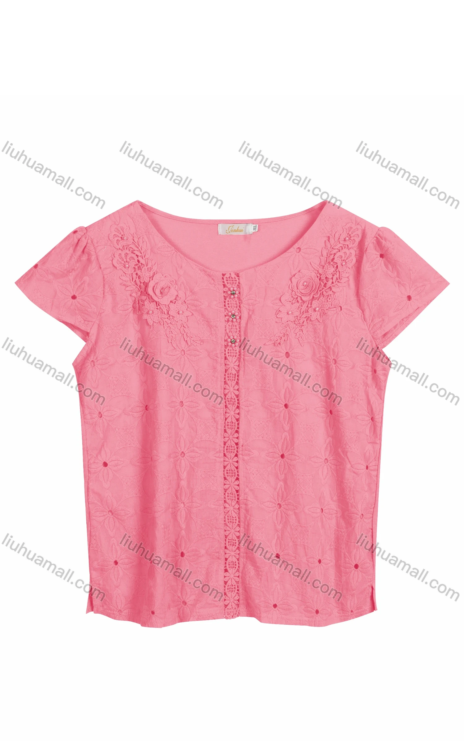 Wholesale Women's Casual Crew Neck Appliques Pearl Decor Short Sleeve Blouse 223153# - Liuhuamall