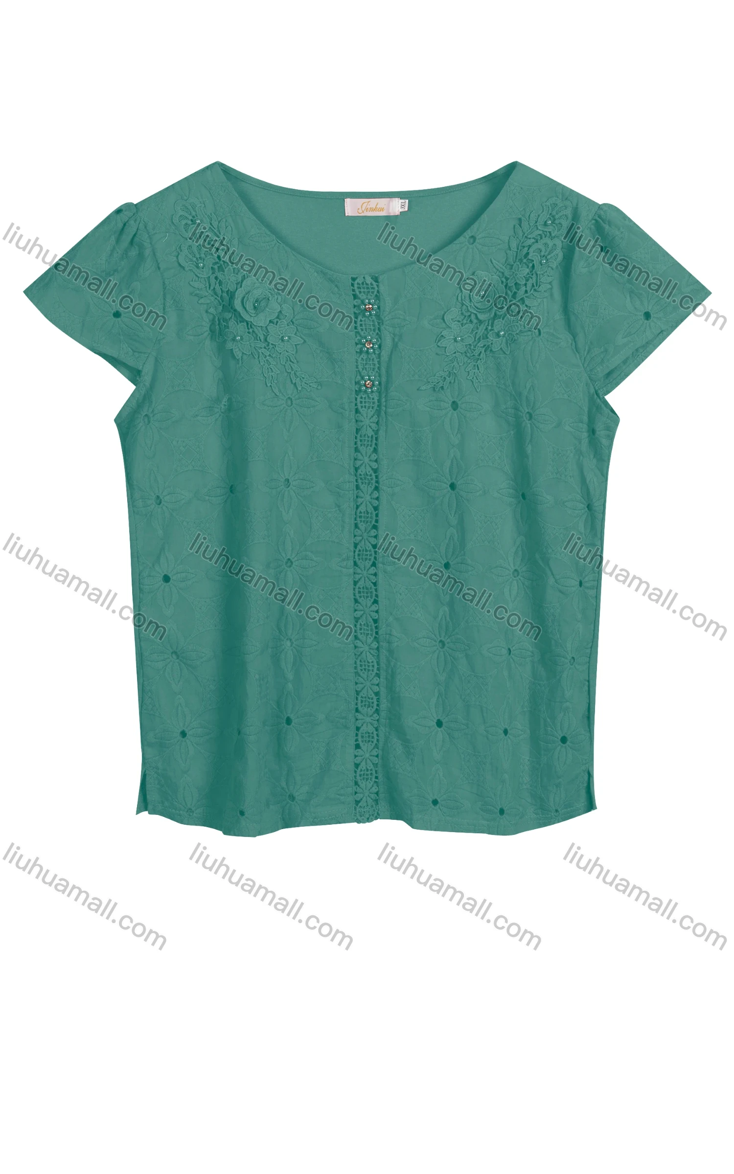 Wholesale Women's Casual Crew Neck Appliques Pearl Decor Short Sleeve Blouse 223153# - Liuhuamall