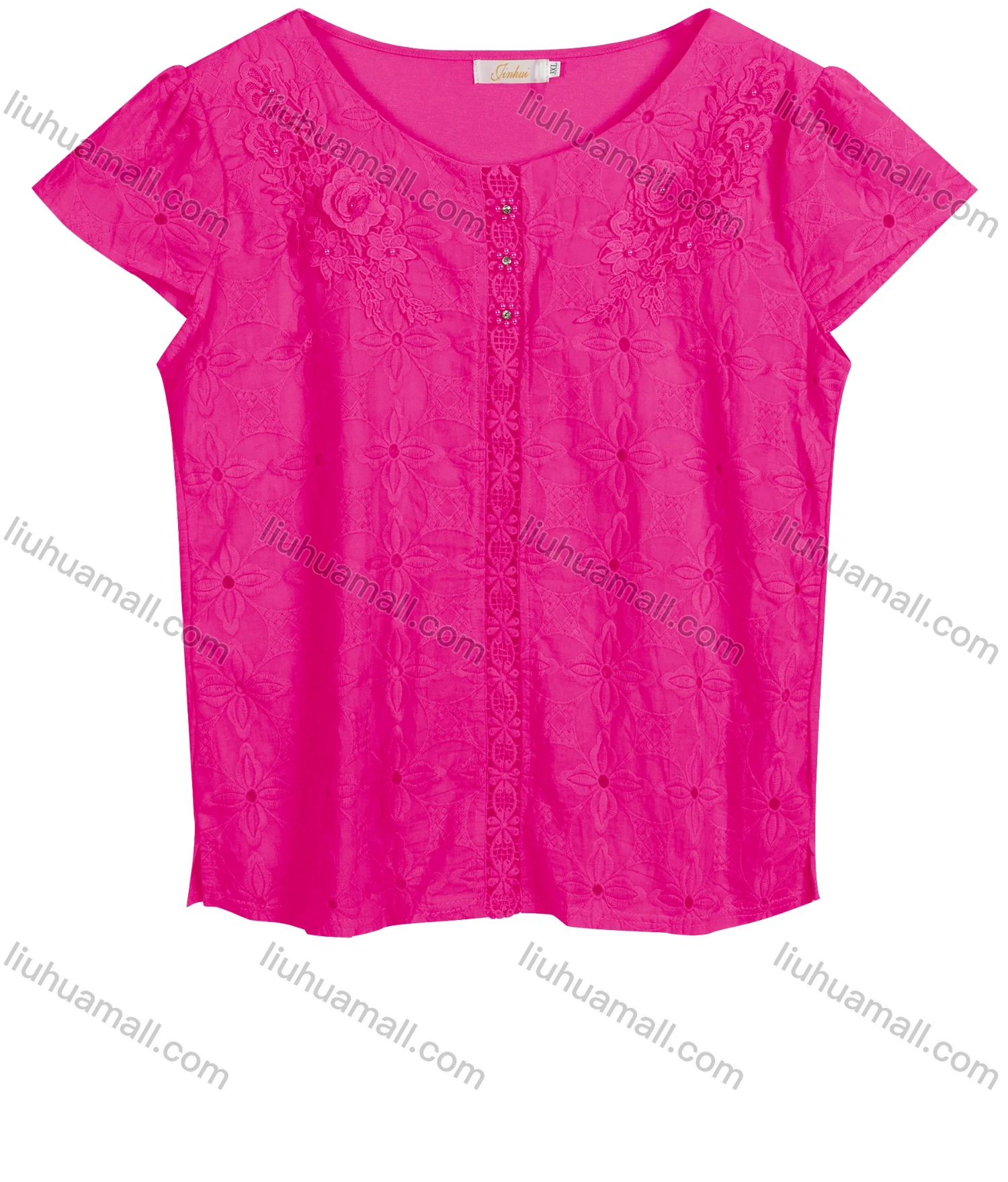 Wholesale Women's Casual Crew Neck Appliques Pearl Decor Short Sleeve Blouse 223153# - Liuhuamall