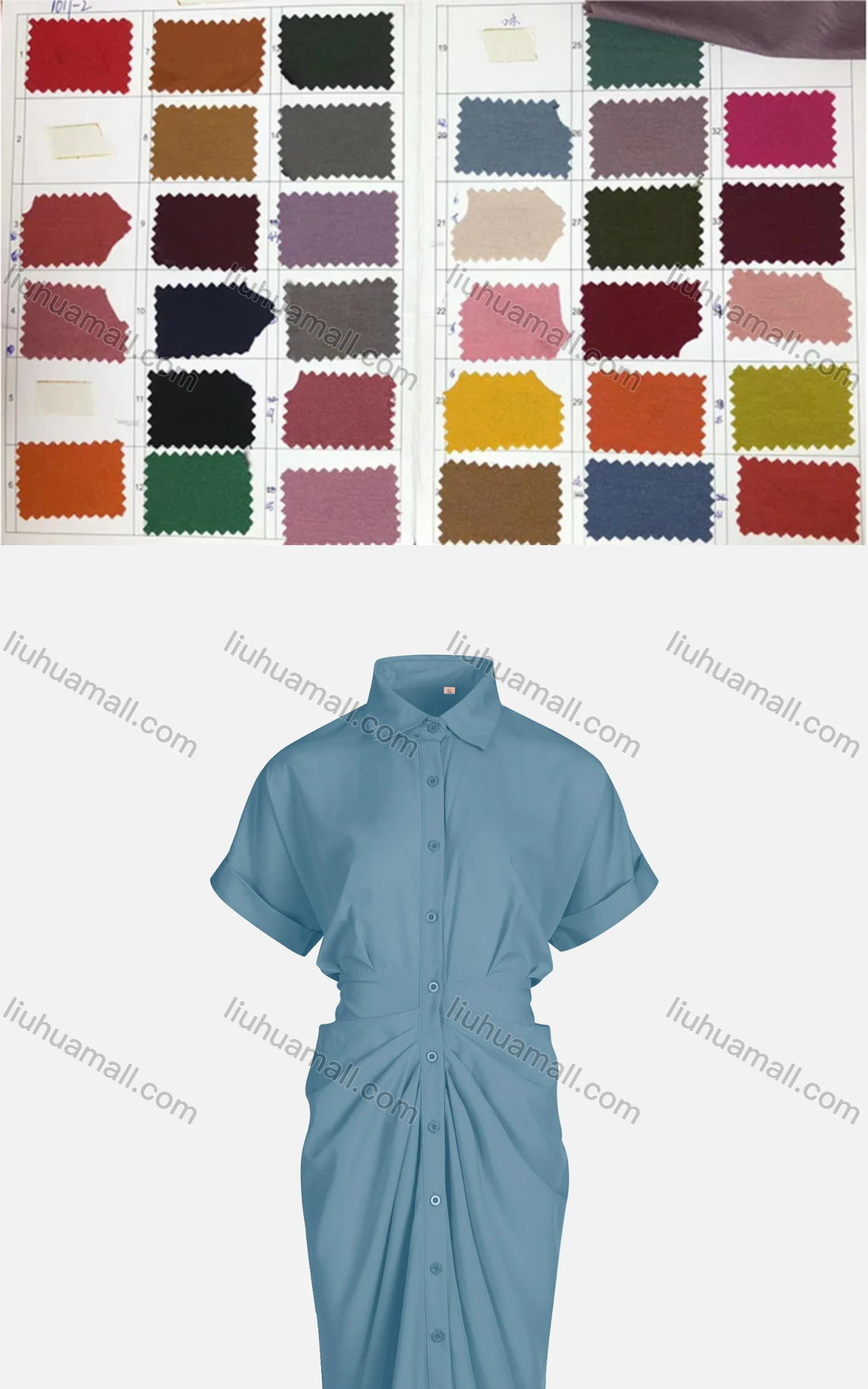 Wholesale Women's Casual Plain Short Sleeve Button Down Runched Shirt Dress 223558# - Liuhuamall