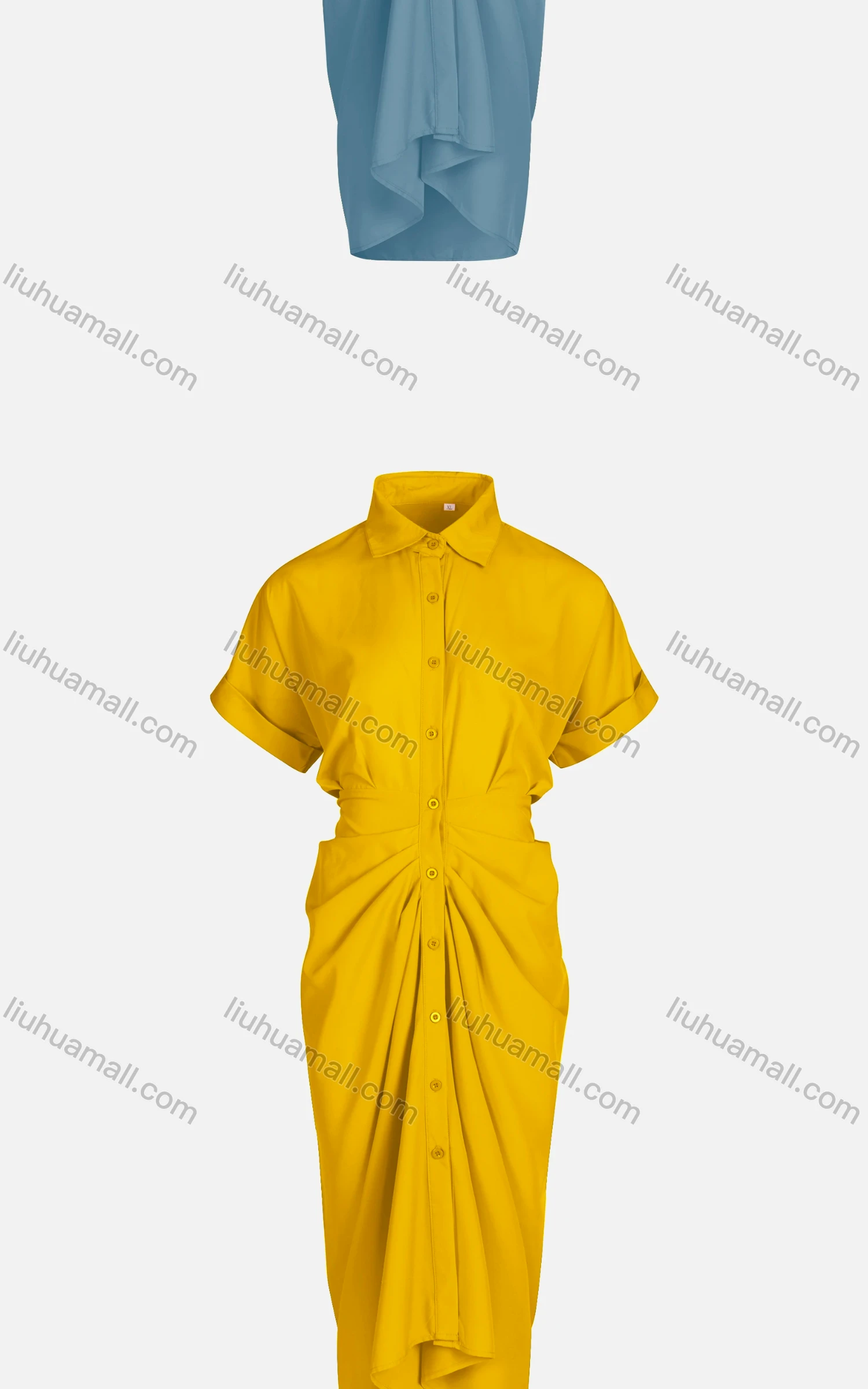 Wholesale Women's Casual Plain Short Sleeve Button Down Runched Shirt Dress 223558# - Liuhuamall