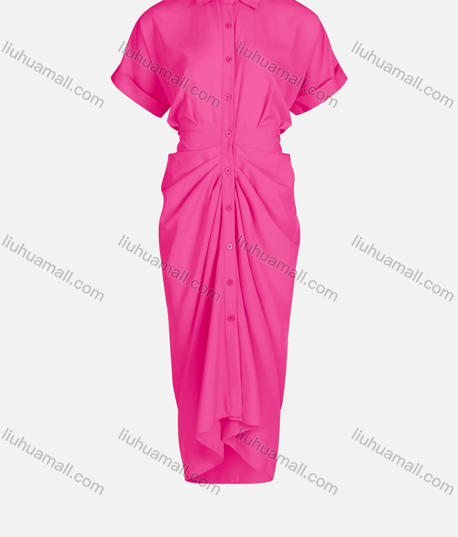 Wholesale Women's Casual Plain Short Sleeve Button Down Runched Shirt Dress 223558# - Liuhuamall