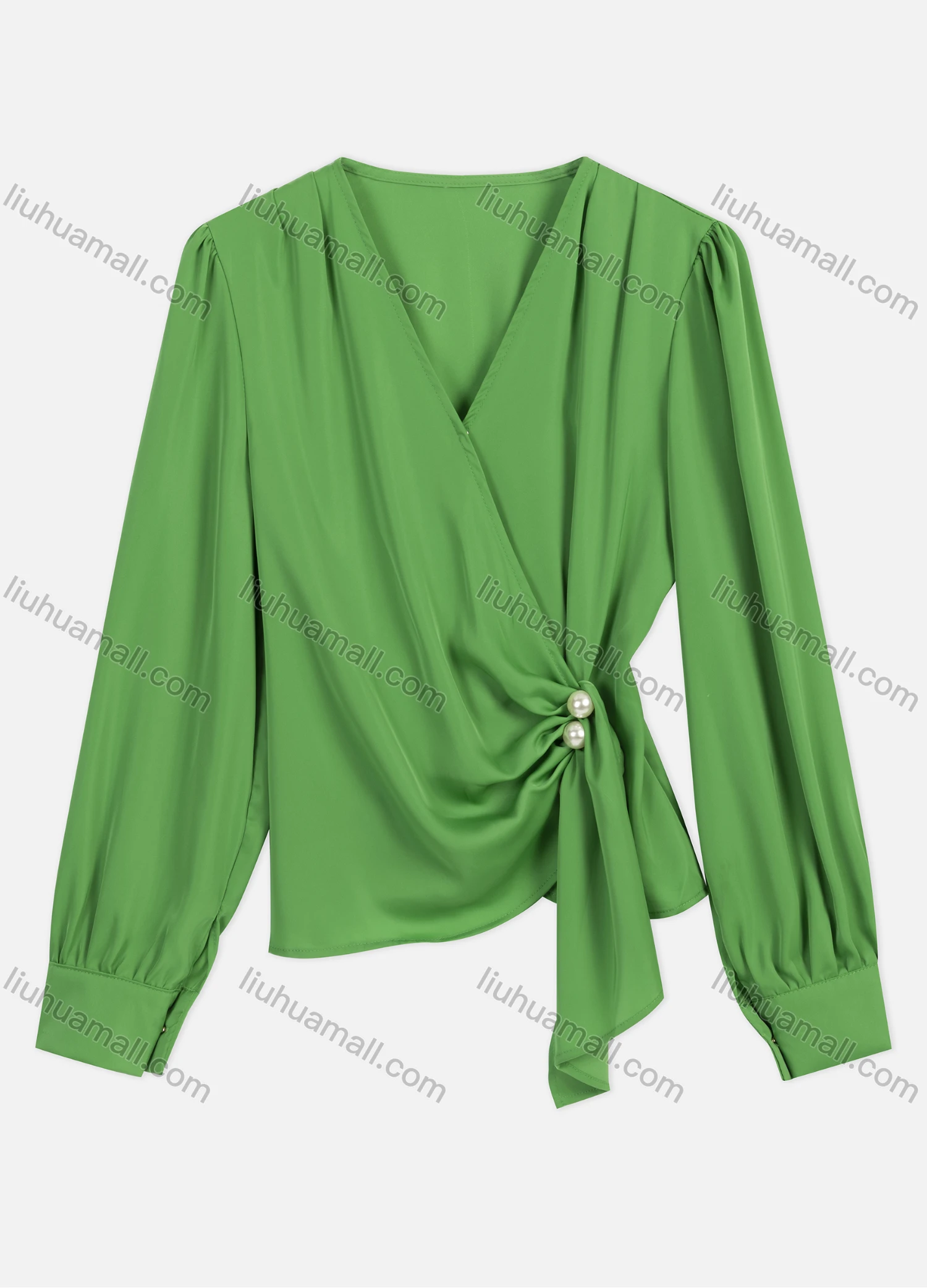 Wholesale Women's Casual V Neck Twist Eellished With Pearls Long Sleeve Plain Pearl Decor Blouse 8951# - Liuhuamall