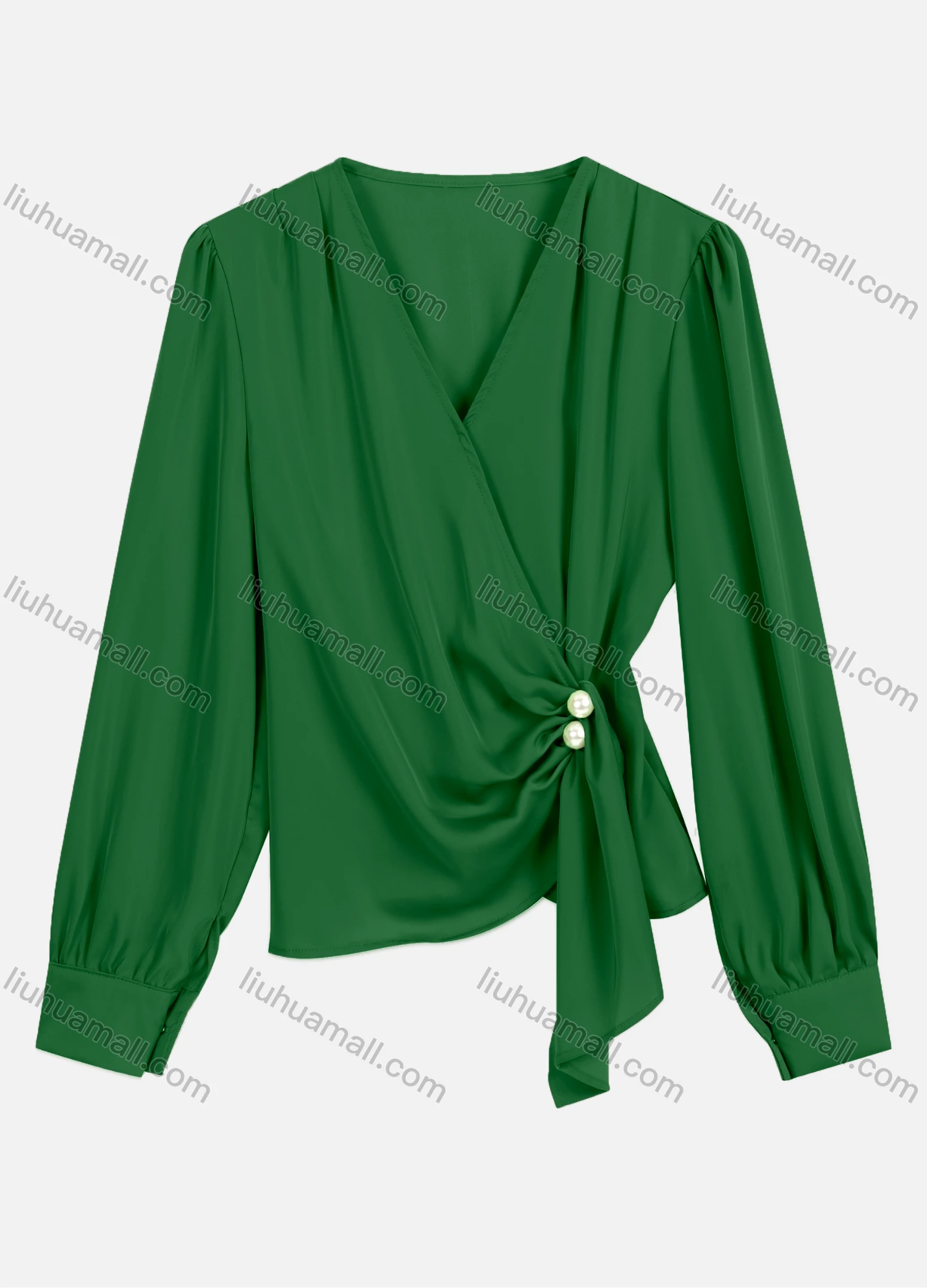 Wholesale Women's Casual V Neck Twist Eellished With Pearls Long Sleeve Plain Pearl Decor Blouse 8951# - Liuhuamall