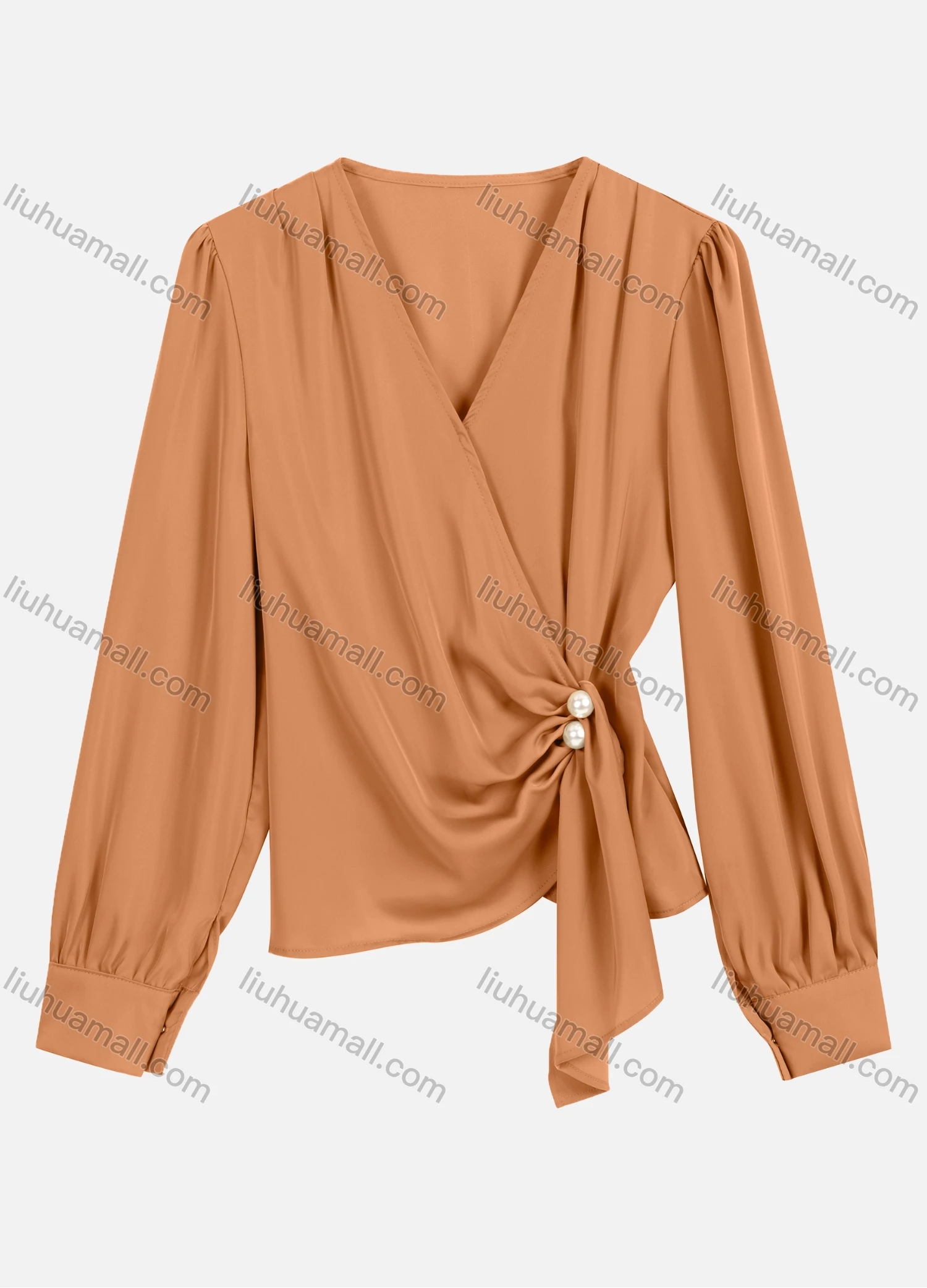 Wholesale Women's Casual V Neck Twist Eellished With Pearls Long Sleeve Plain Pearl Decor Blouse 8951# - Liuhuamall