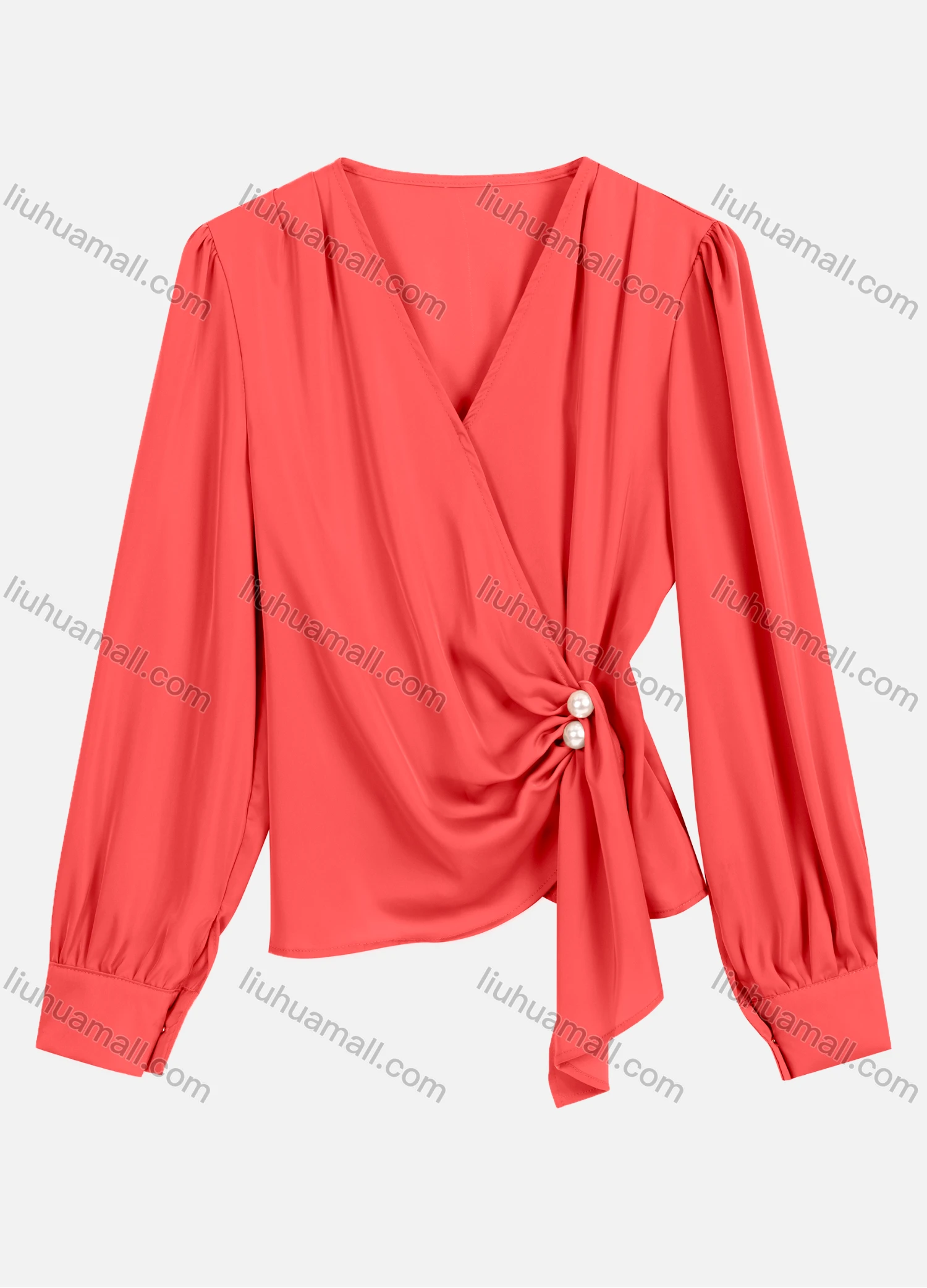 Wholesale Women's Casual V Neck Twist Eellished With Pearls Long Sleeve Plain Pearl Decor Blouse 8951# - Liuhuamall