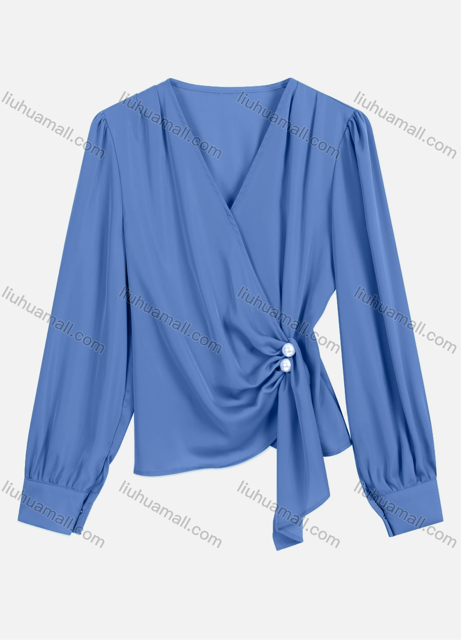 Wholesale Women's Casual V Neck Twist Eellished With Pearls Long Sleeve Plain Pearl Decor Blouse 8951# - Liuhuamall