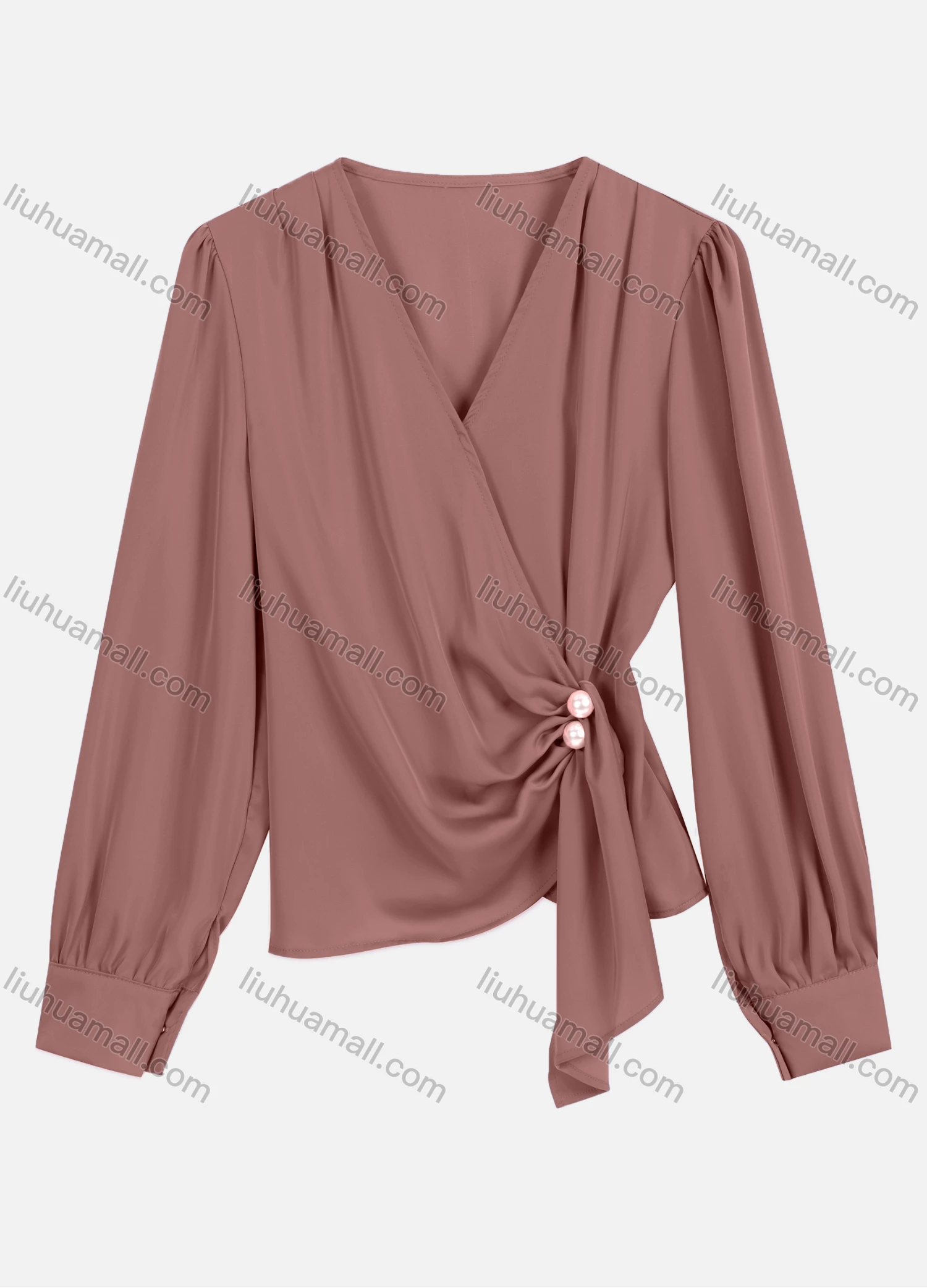 Wholesale Women's Casual V Neck Twist Eellished With Pearls Long Sleeve Plain Pearl Decor Blouse 8951# - Liuhuamall