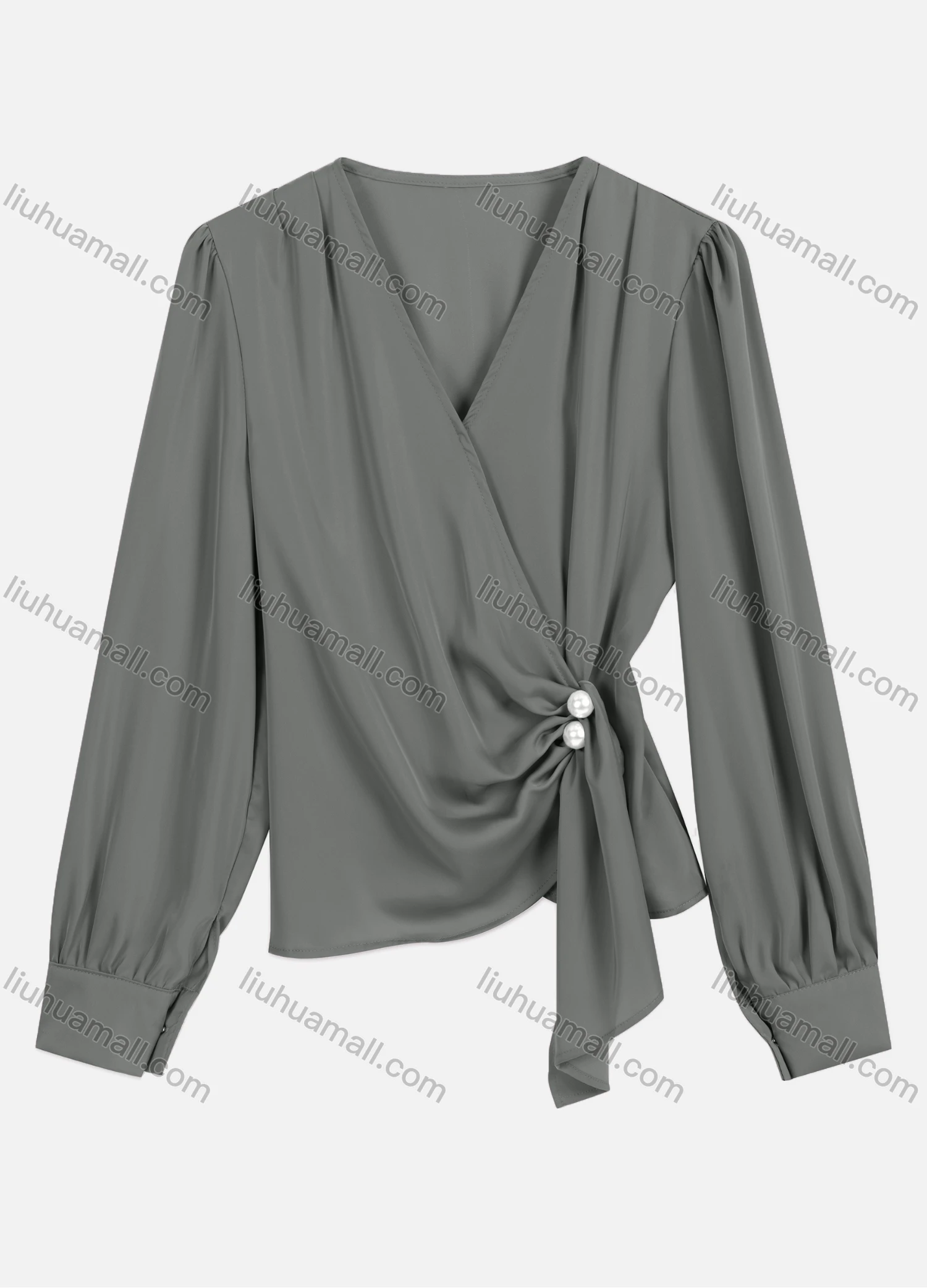Wholesale Women's Casual V Neck Twist Eellished With Pearls Long Sleeve Plain Pearl Decor Blouse 8951# - Liuhuamall