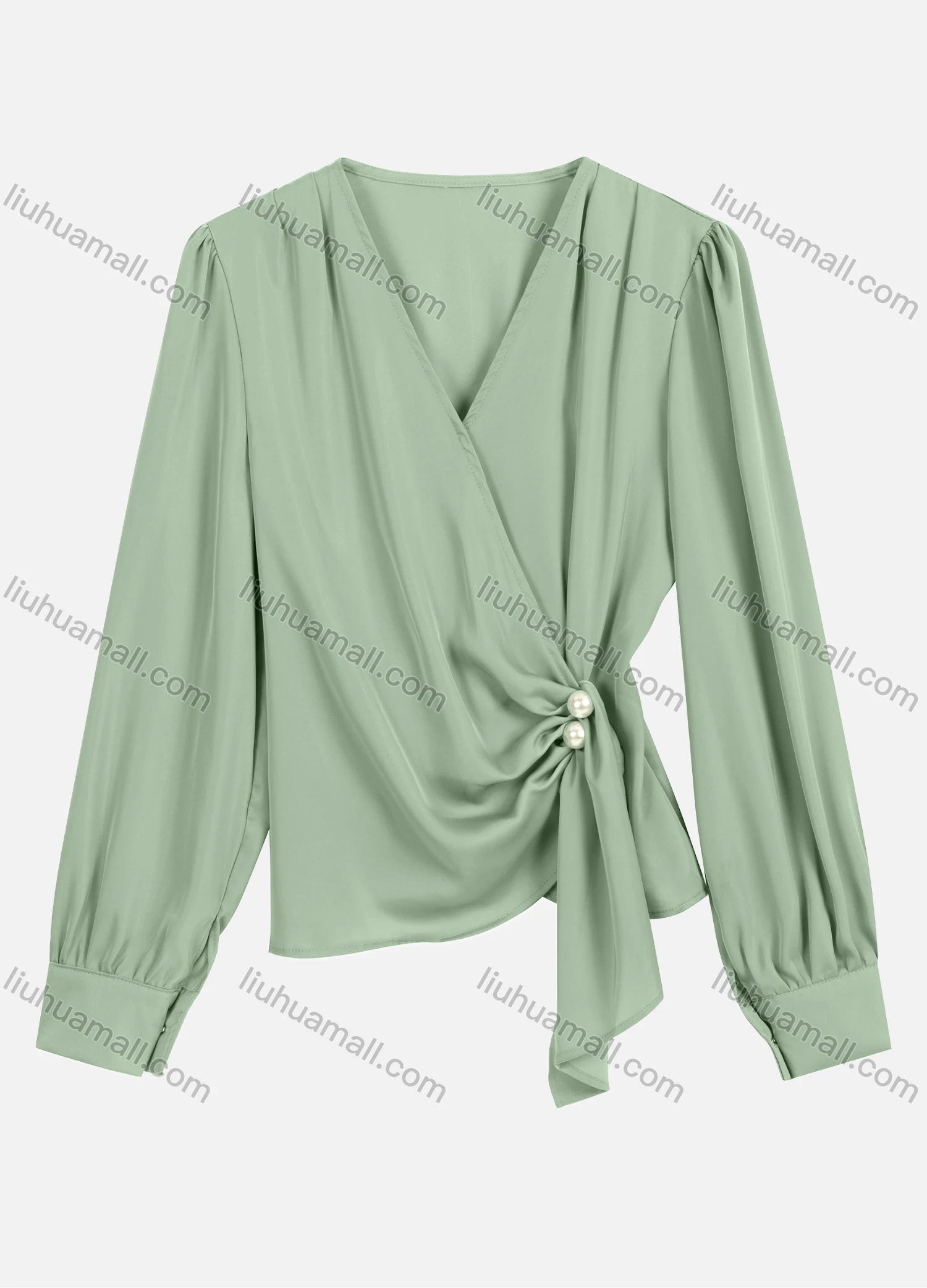 Wholesale Women's Casual V Neck Twist Eellished With Pearls Long Sleeve Plain Pearl Decor Blouse 8951# - Liuhuamall