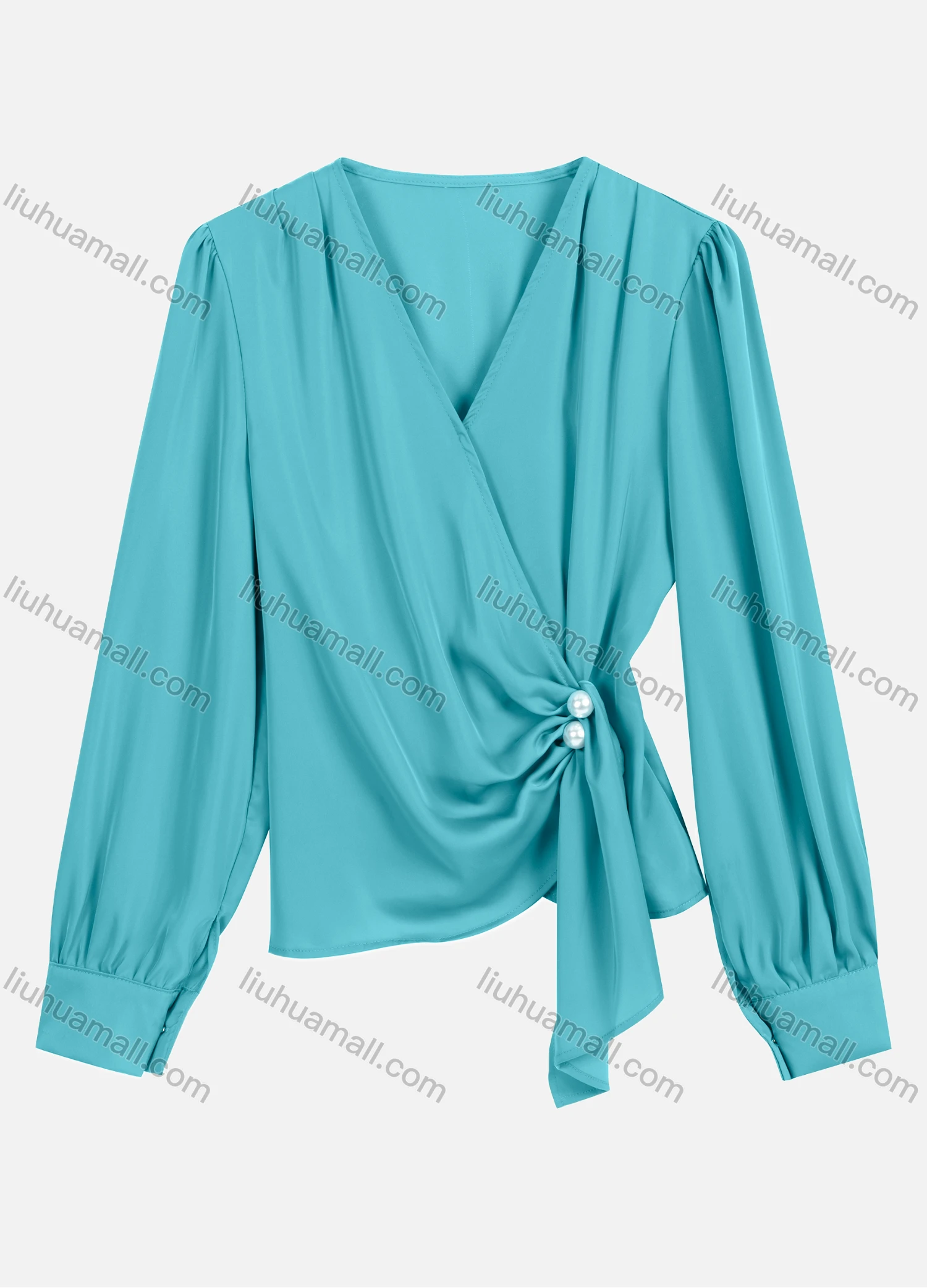Wholesale Women's Casual V Neck Twist Eellished With Pearls Long Sleeve Plain Pearl Decor Blouse 8951# - Liuhuamall