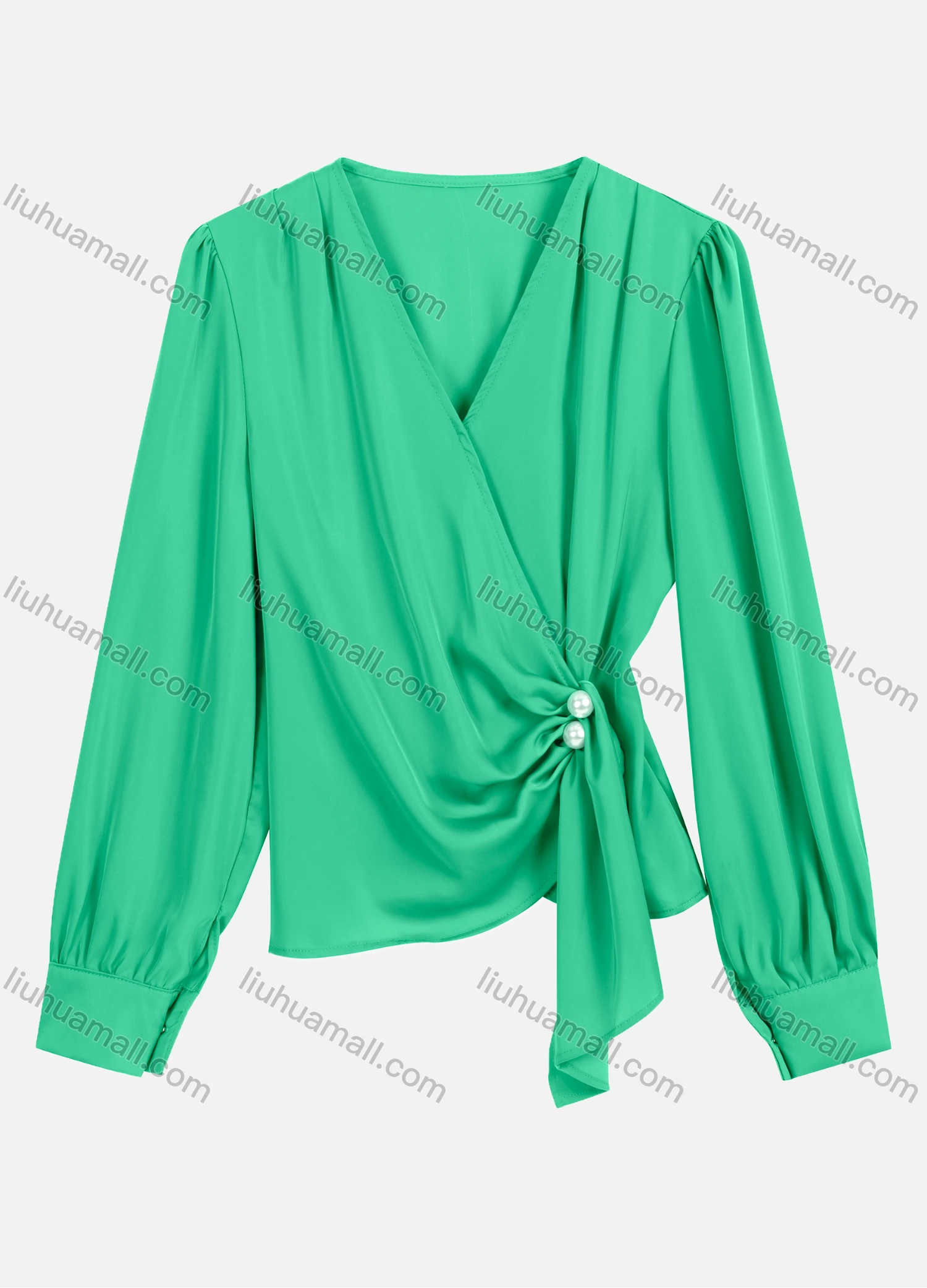 Wholesale Women's Casual V Neck Twist Eellished With Pearls Long Sleeve Plain Pearl Decor Blouse 8951# - Liuhuamall