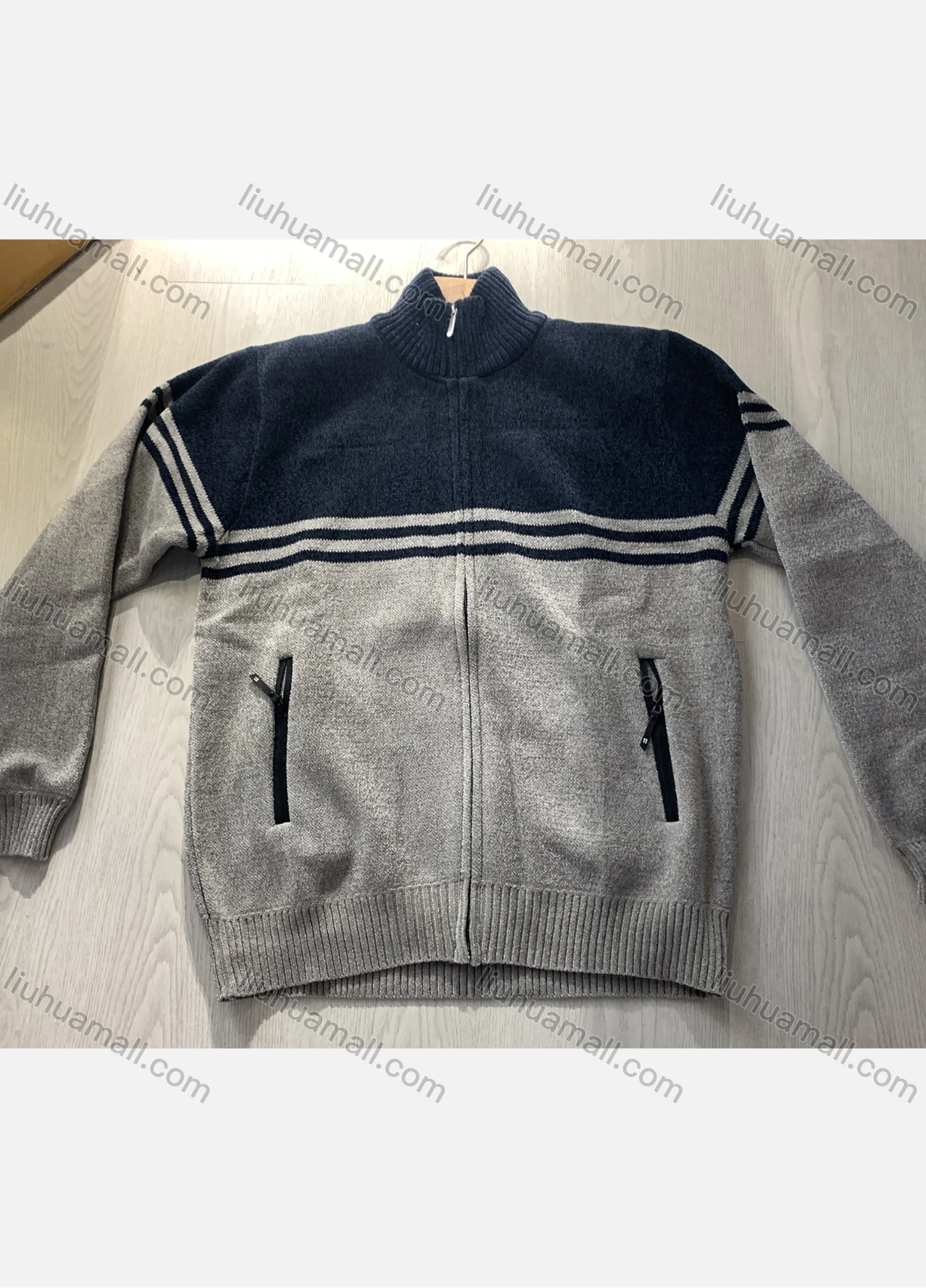 Wholesale Men's Casual Colorblock Striped Long Sleeve Stand Collar Zipper Thermal Sweater - Liuhuamall