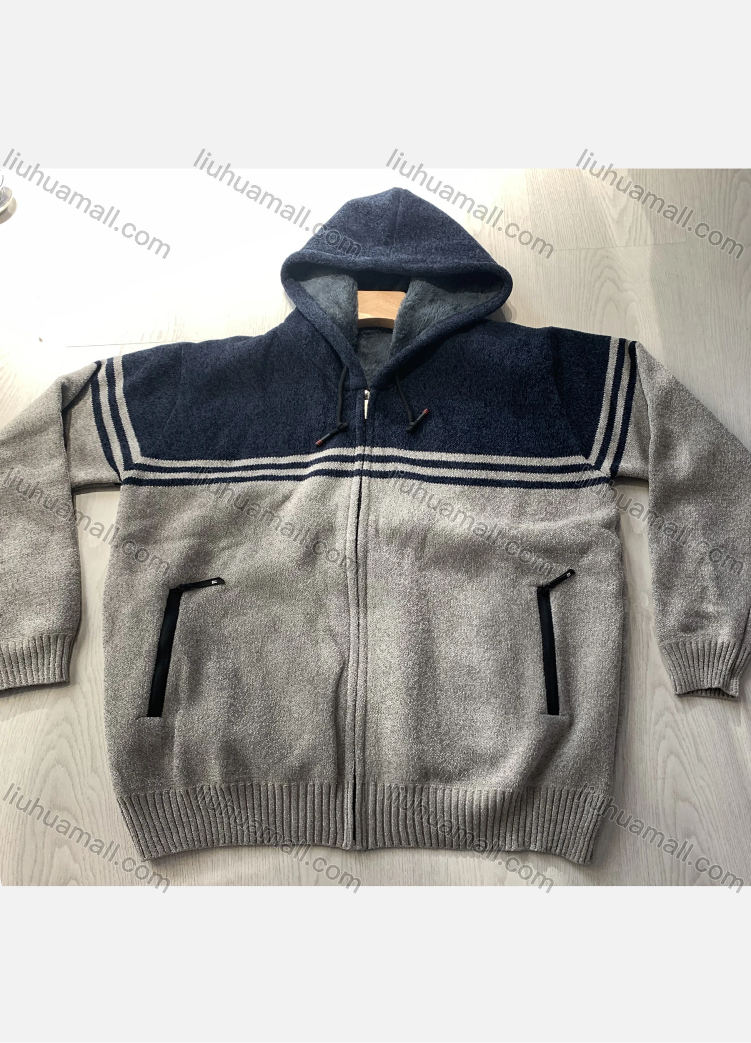 Wholesale Men's Casual Colorblock Striped Long Sleeve Zipper Drawstring Hooded Thermal Jacket - Liuhuamall