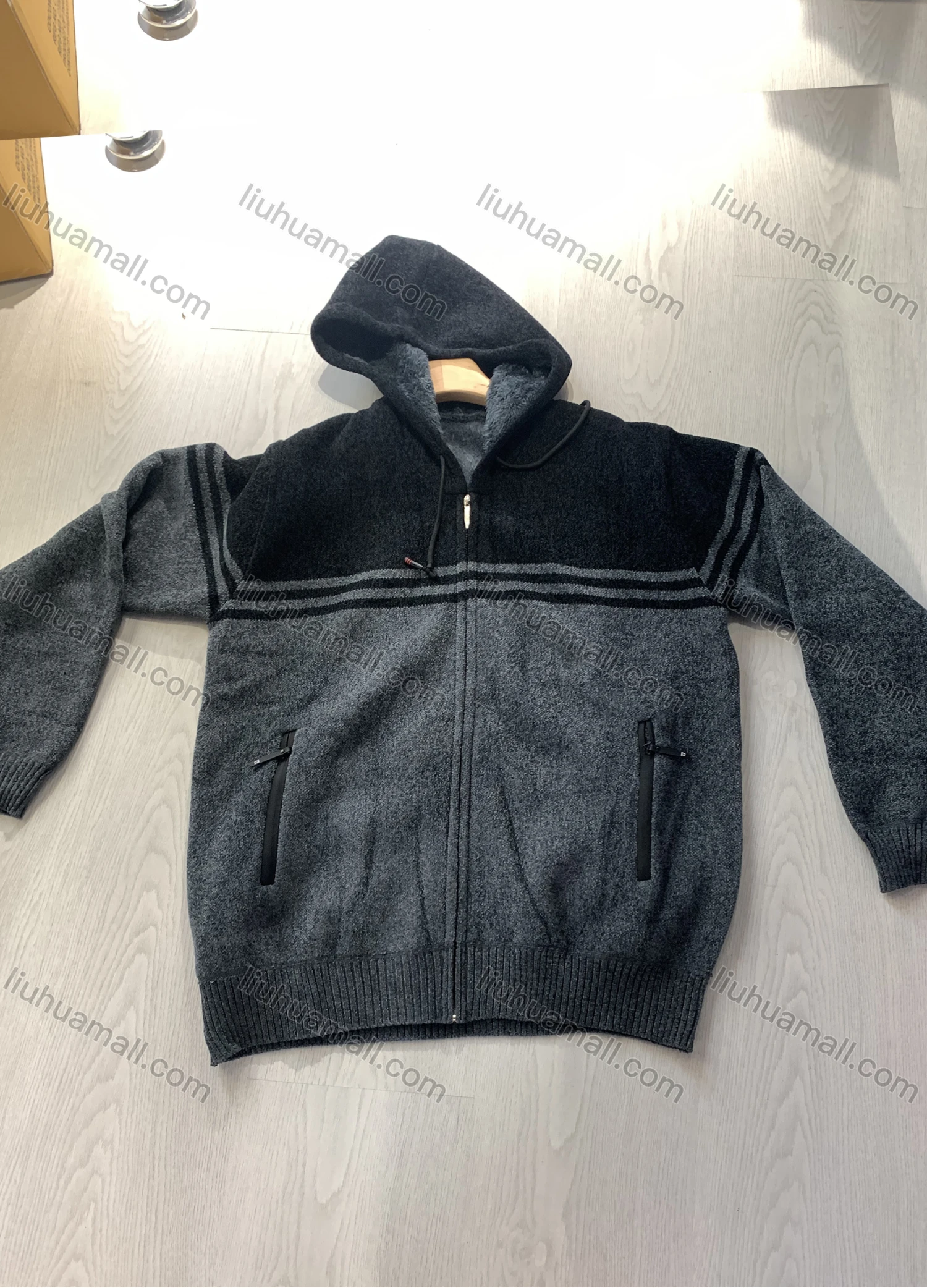 Wholesale Men's Casual Colorblock Striped Long Sleeve Zipper Drawstring Hooded Thermal Jacket - Liuhuamall
