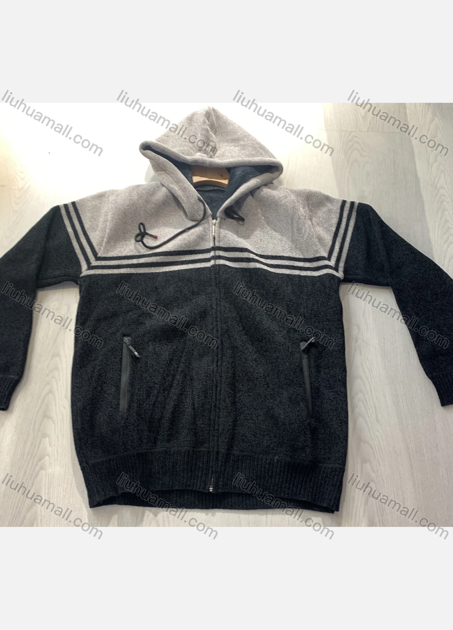 Wholesale Men's Casual Colorblock Striped Long Sleeve Zipper Drawstring Hooded Thermal Jacket - Liuhuamall