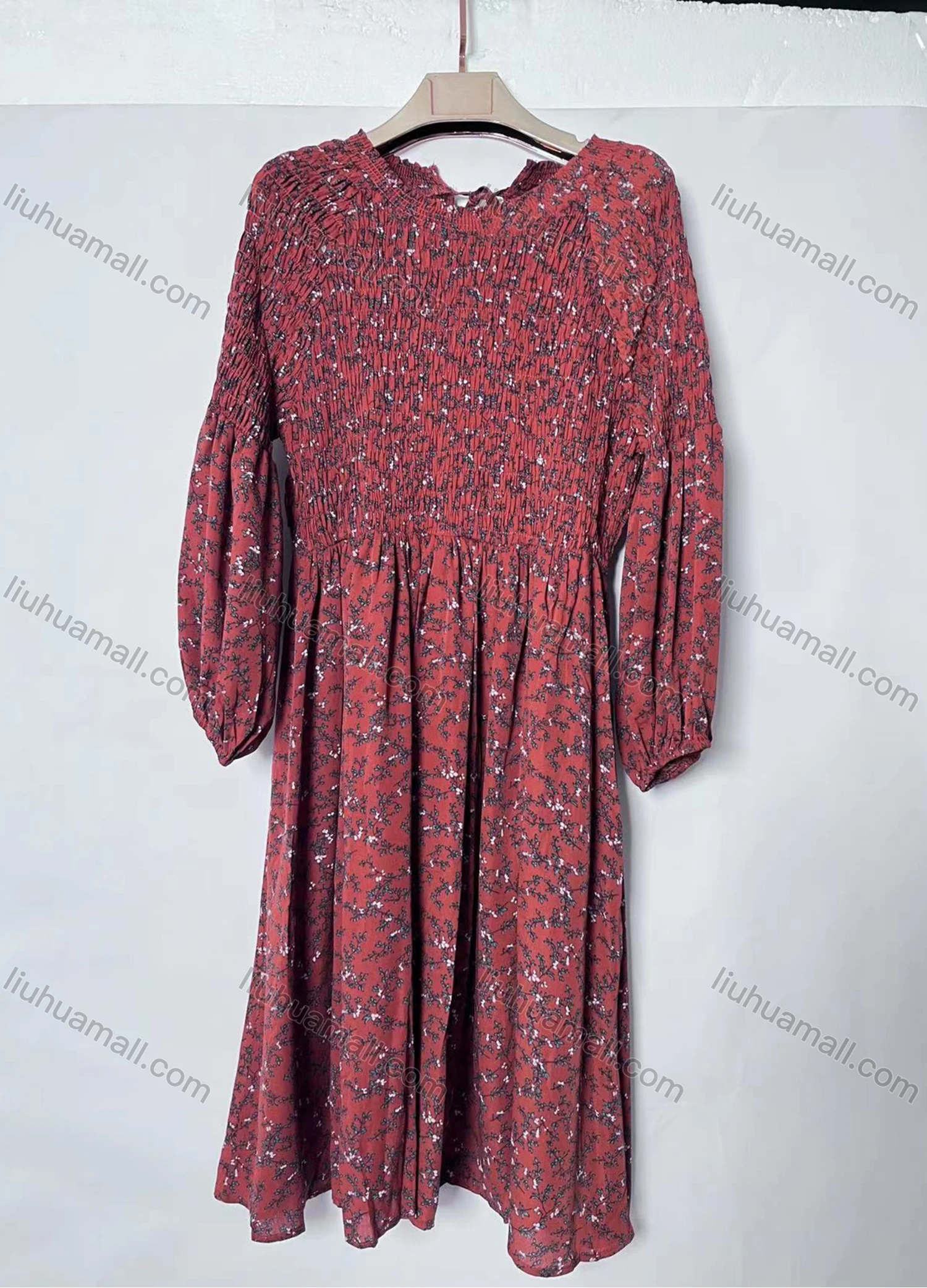 Wholesale Women's Casual Crew Neck Long Sleeve Shirred Floral Dress TB277284# - Liuhuamall