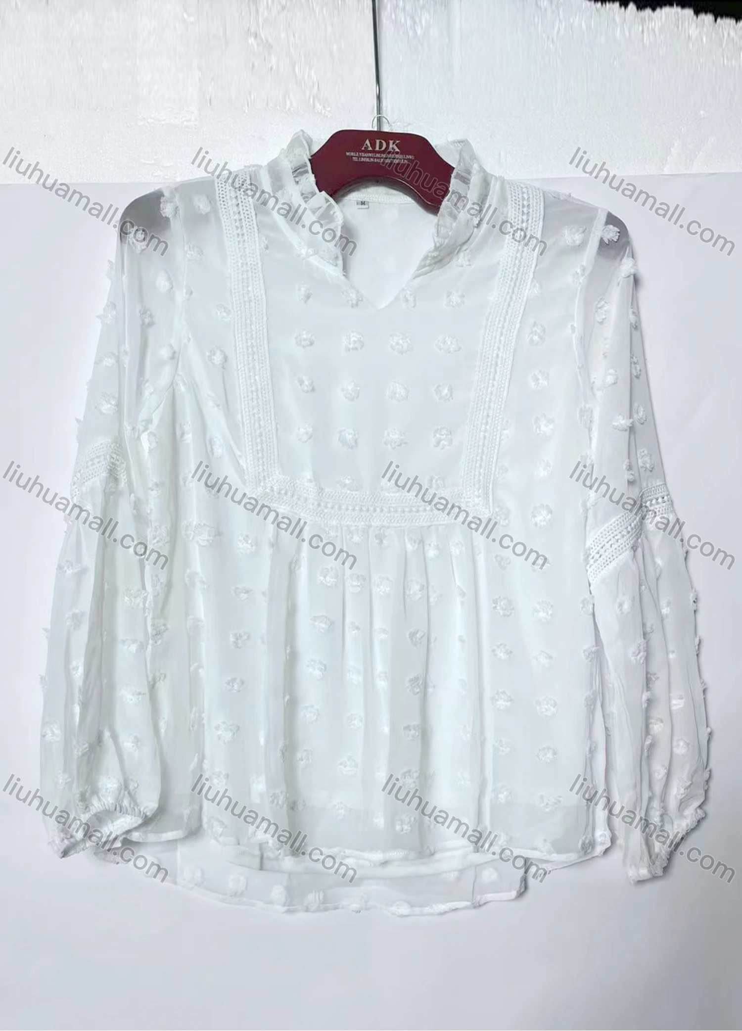 Wholesale Women's Casual Ruffle Neck Long Sleeve Swiss Dot Plain Blouse TB295730# - Liuhuamall