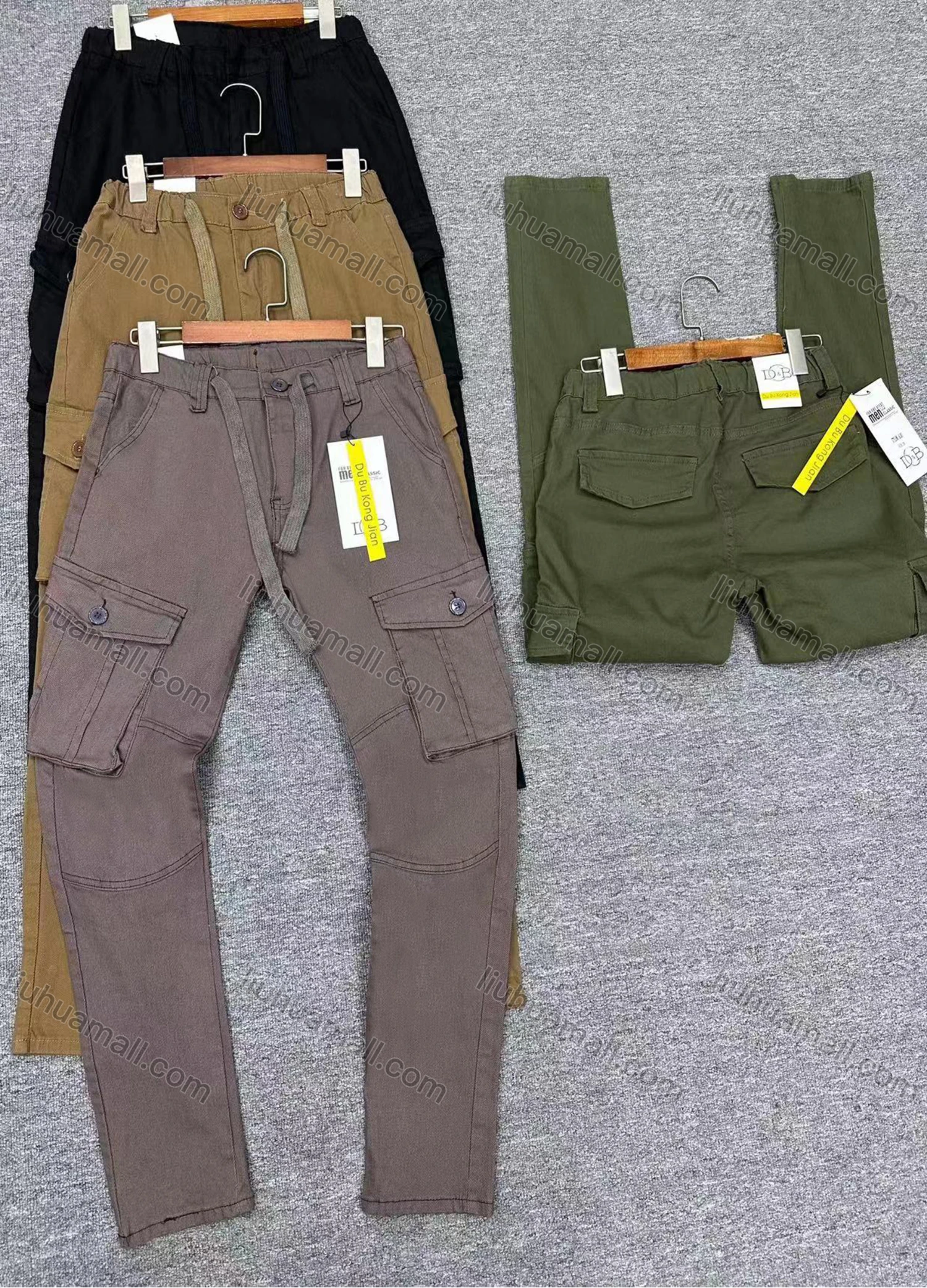 Wholesale Men's Casual Plain Multiple Pockets Drawstring Elastic Waist Cargo Pants 001# - Liuhuamall