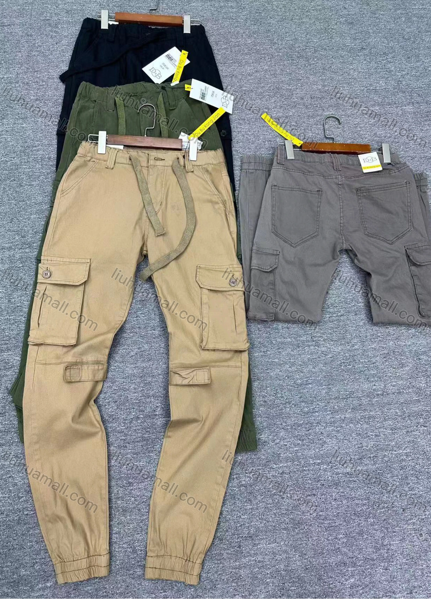 Wholesale Men's Casual Plain Multiple Pockets Drawstring Elastic Waist Cargo Pants 004# - Liuhuamall