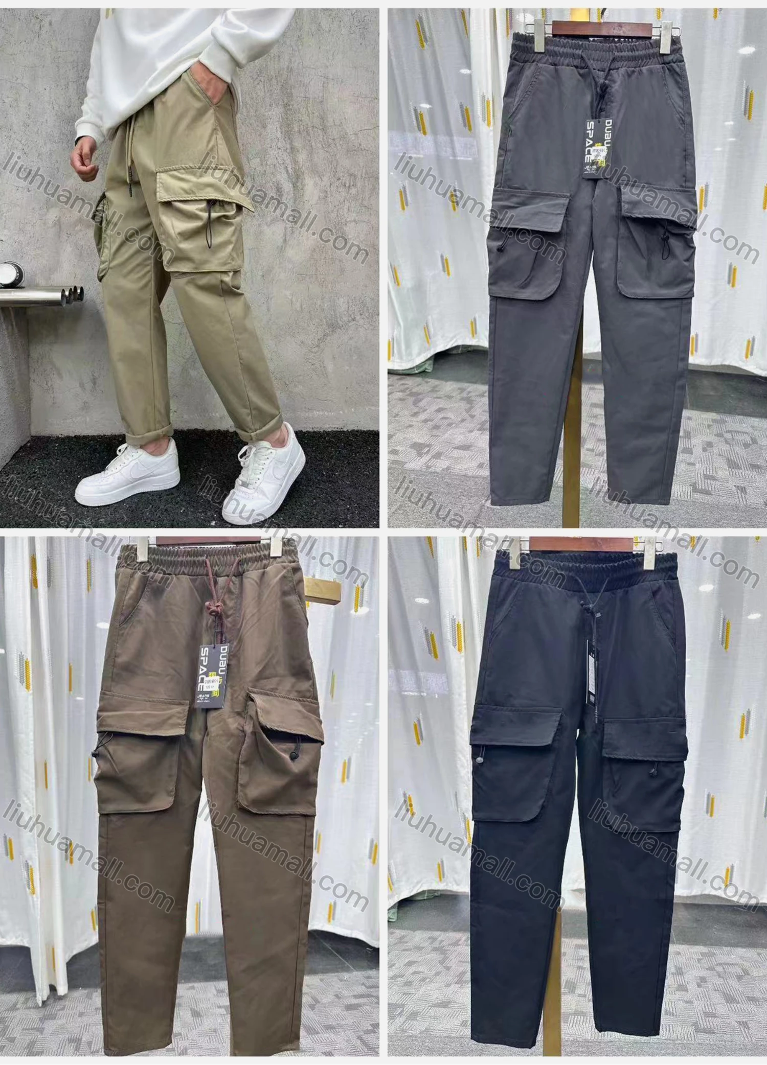 Wholesale Men's Casual Plain Multiple Pockets Drawstring Elastic Waist Cargo Pants 5290# - Liuhuamall