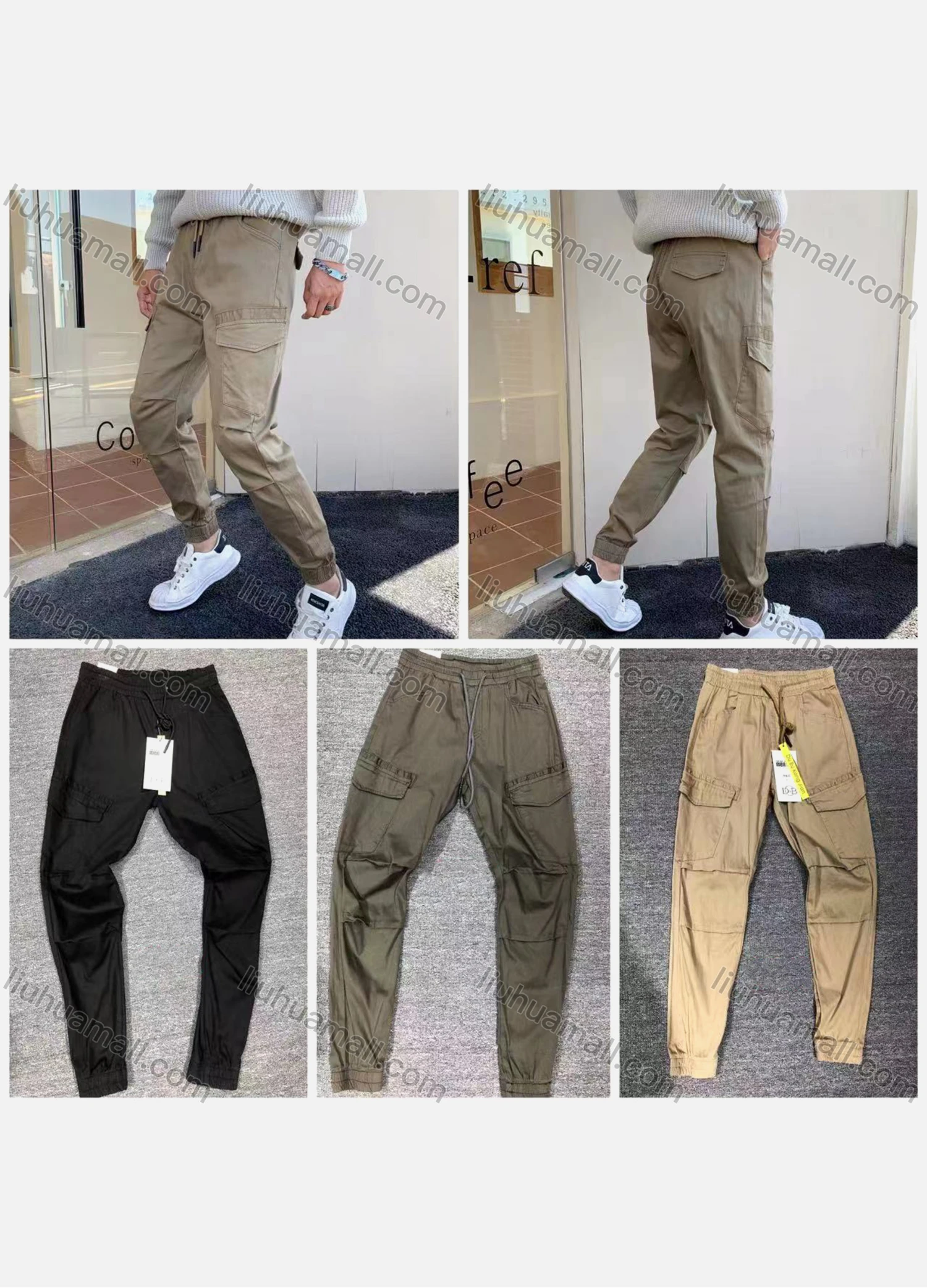 Wholesale Men's Casual Plain Flap Pockets Drawstring Elastic Waist Cargo Pants 6913# - Liuhuamall