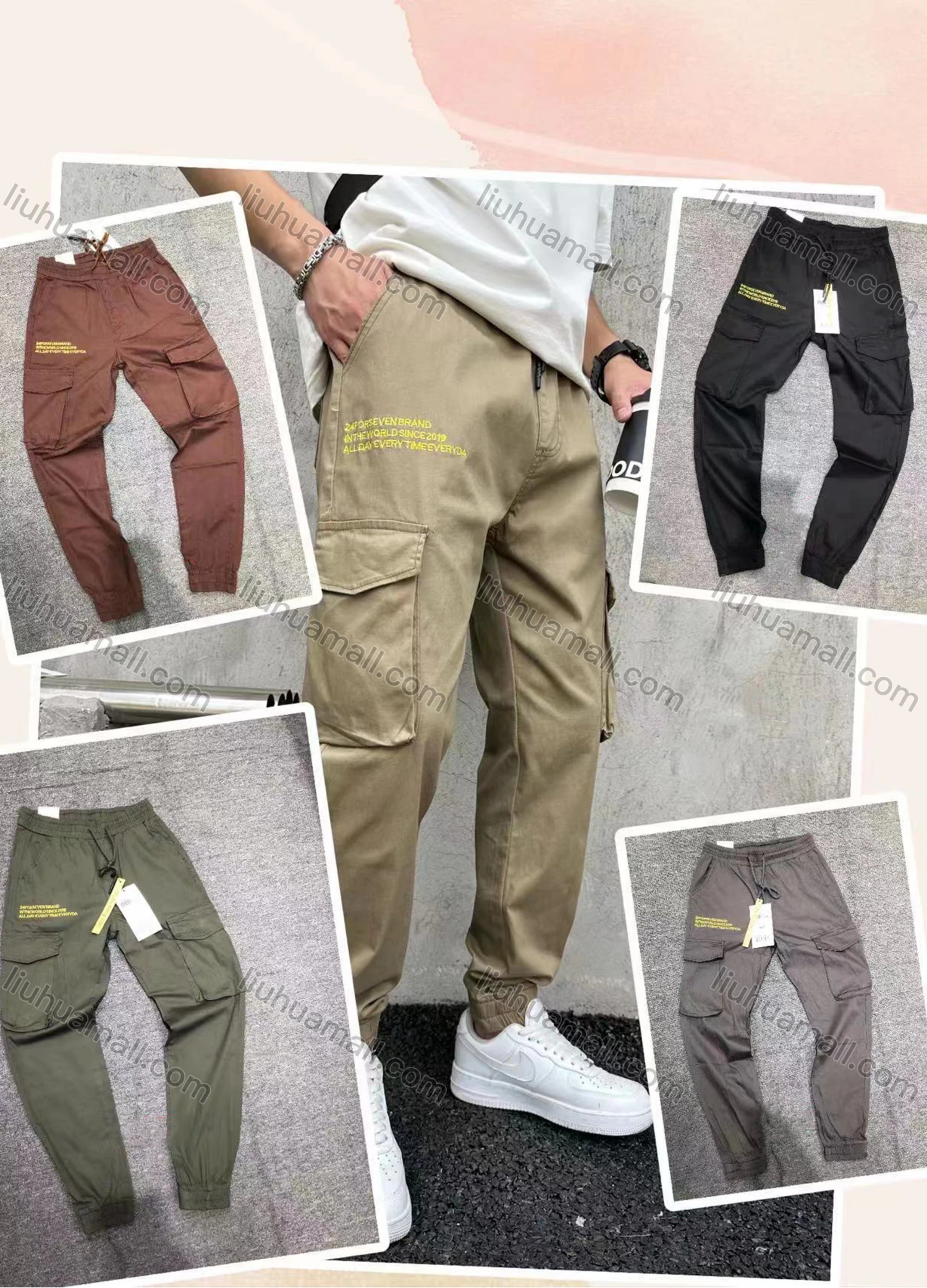 Wholesale Men's Casual Plain Flap Pockets Drawstring Elastic Waist Cargo Pants 6926# - Liuhuamall