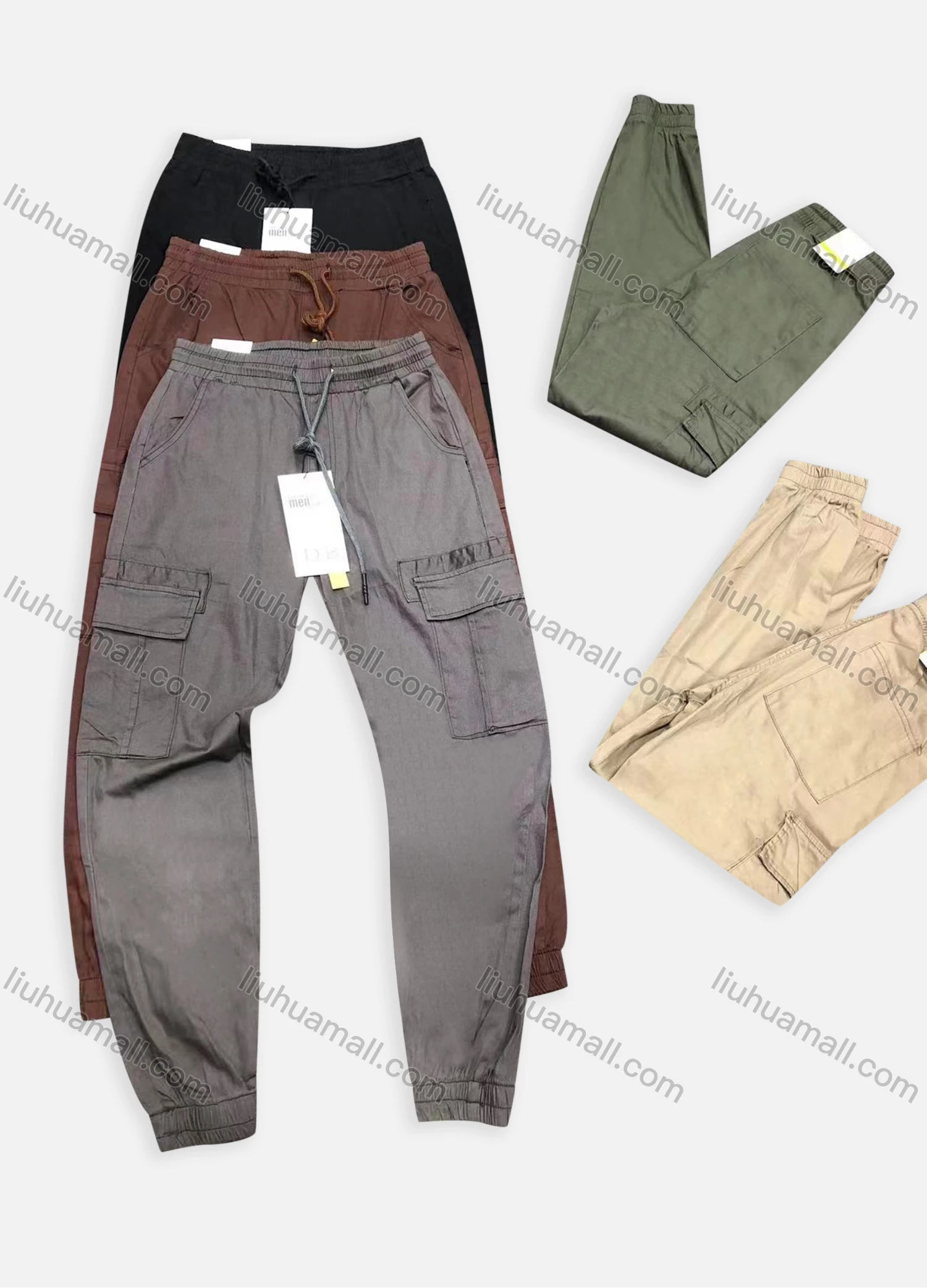 Wholesale Men's Casual Plain Multiple Pockets Drawstring Elastic Waist Cargo Pants 6928# - Liuhuamall