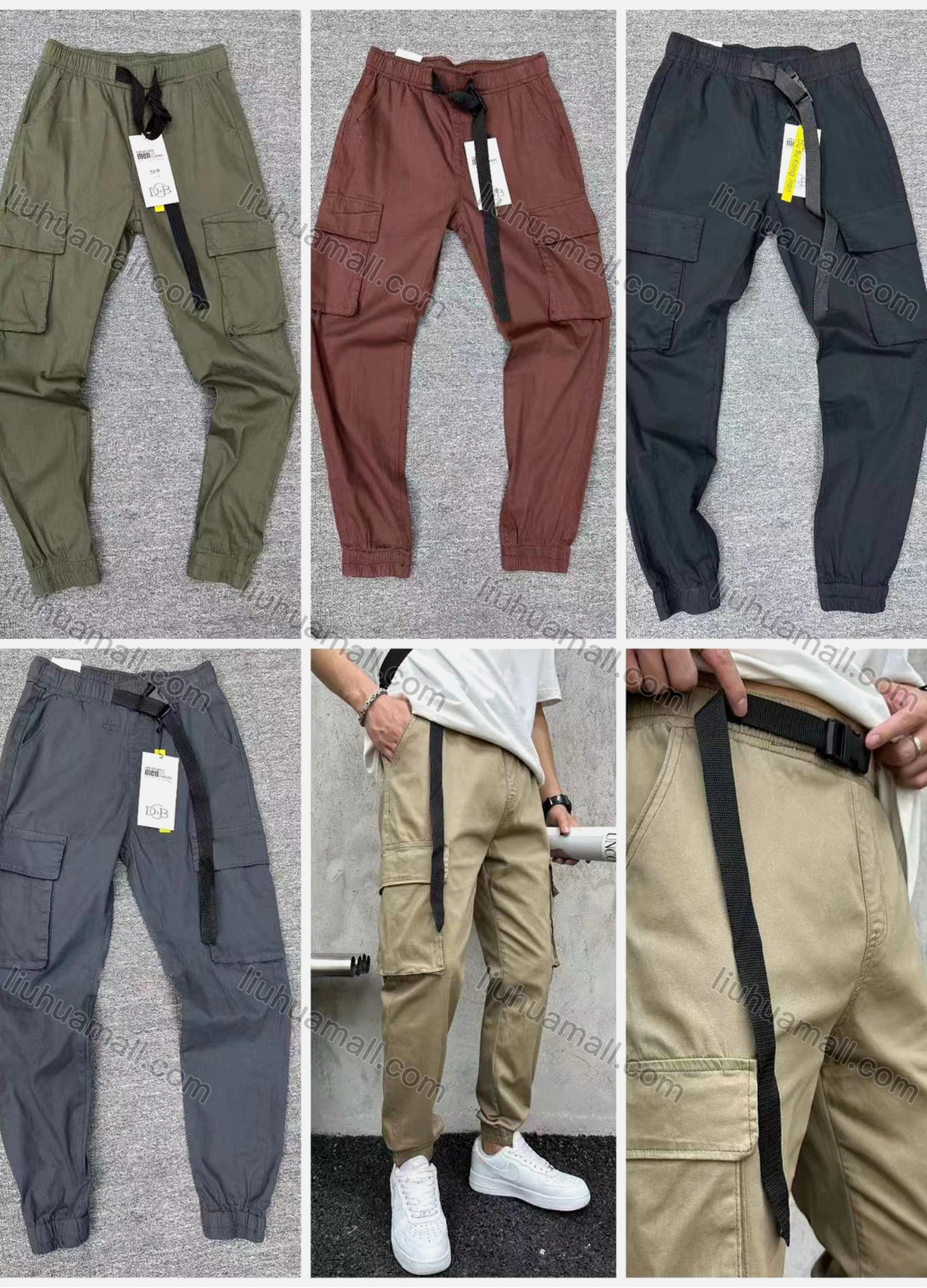 Wholesale Men's Casual Plain Multiple Pockets Drawstring Elastic Waist Cargo Pants 6930# - Liuhuamall