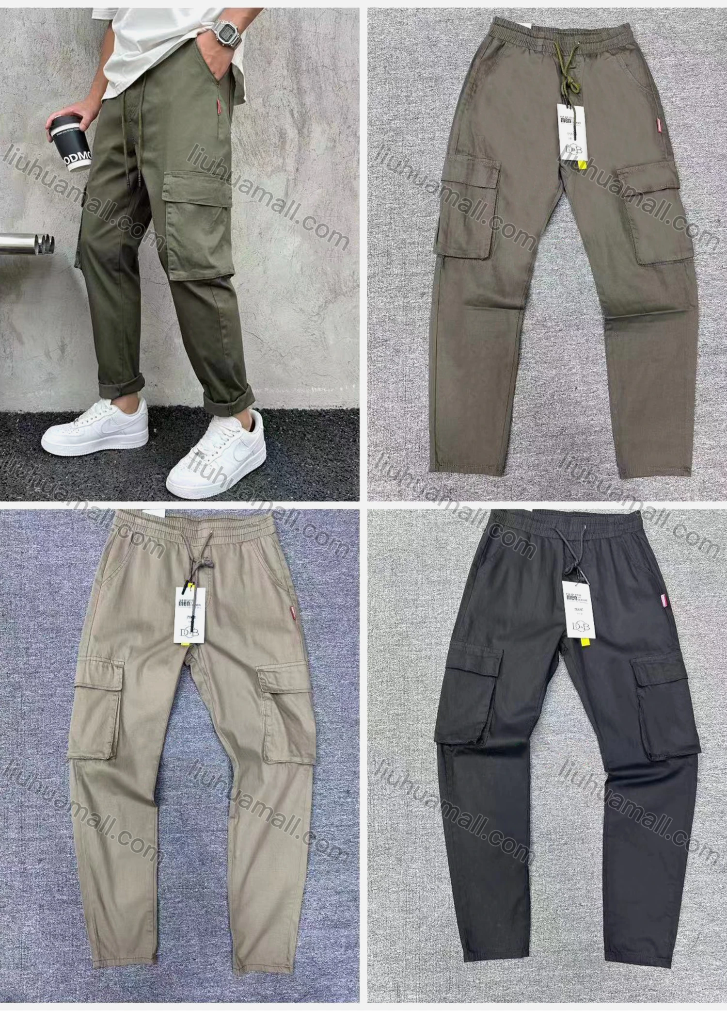 Wholesale Men's Casual Plain Flap Pockets Drawstring Elastic Waist Cargo Pants 6933# - Liuhuamall
