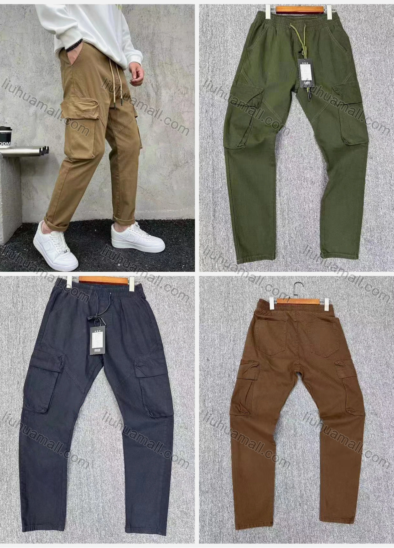 Wholesale Men's Casual Plain Flap Pockets Drawstring Elastic Waist Cargo Pants 6937# - Liuhuamall