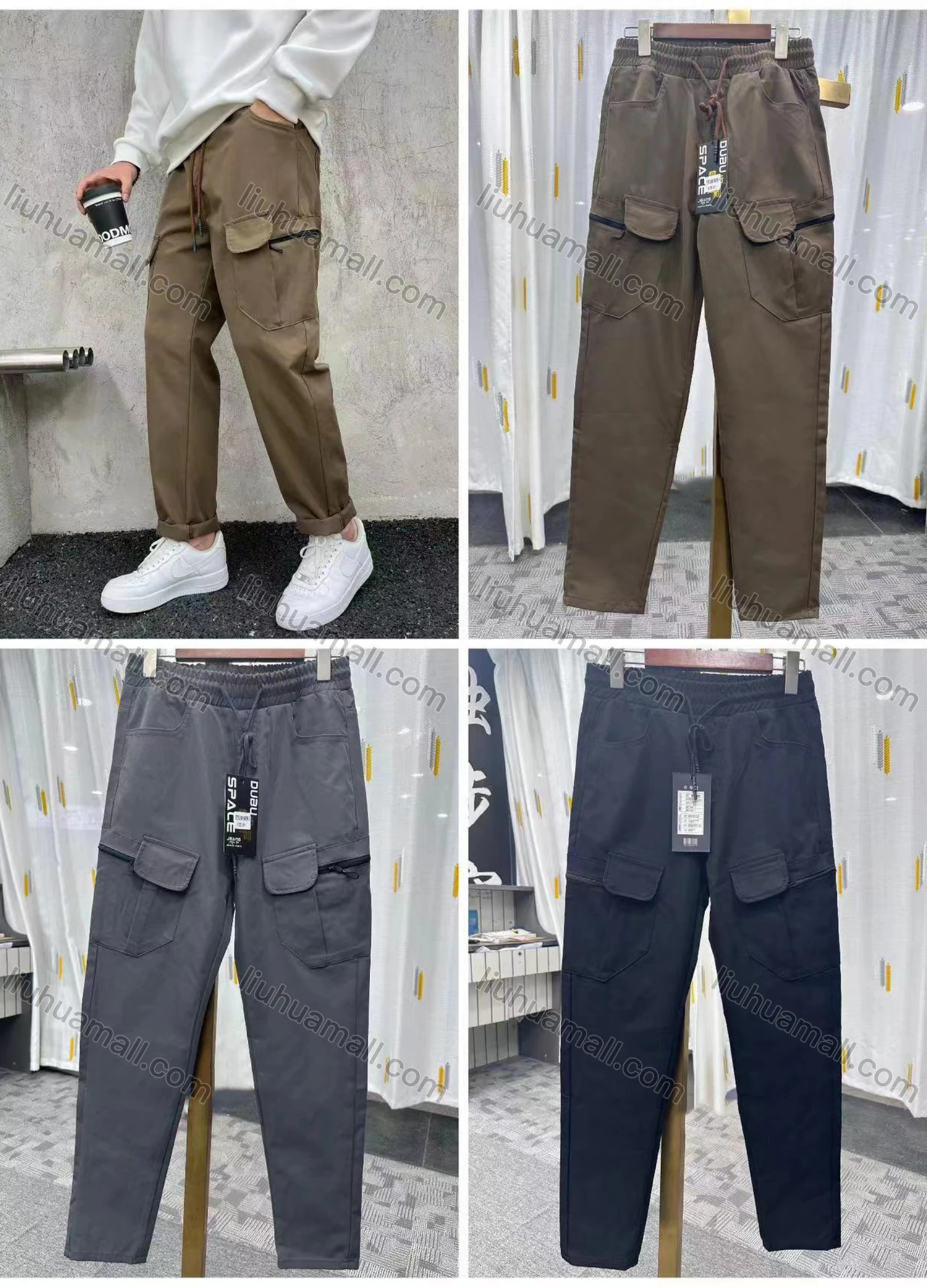 Wholesale Men's Casual Plain Multiple Pockets Drawstring Elastic Waist Cargo Pants 6939# - Liuhuamall