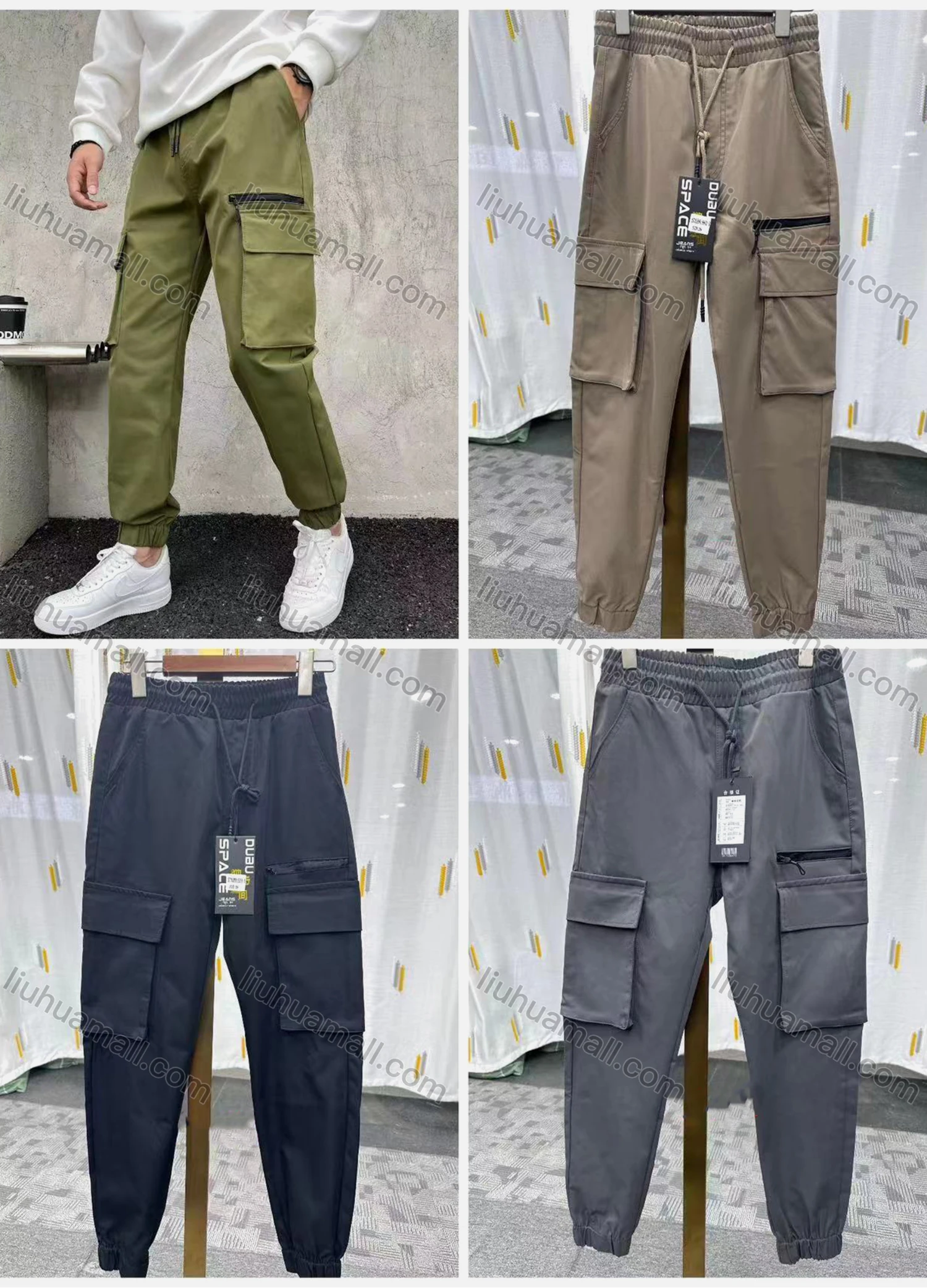 Wholesale Men's Casual Plain Multiple Pockets Drawstring Elastic Waist Cargo Pants 6951# - Liuhuamall