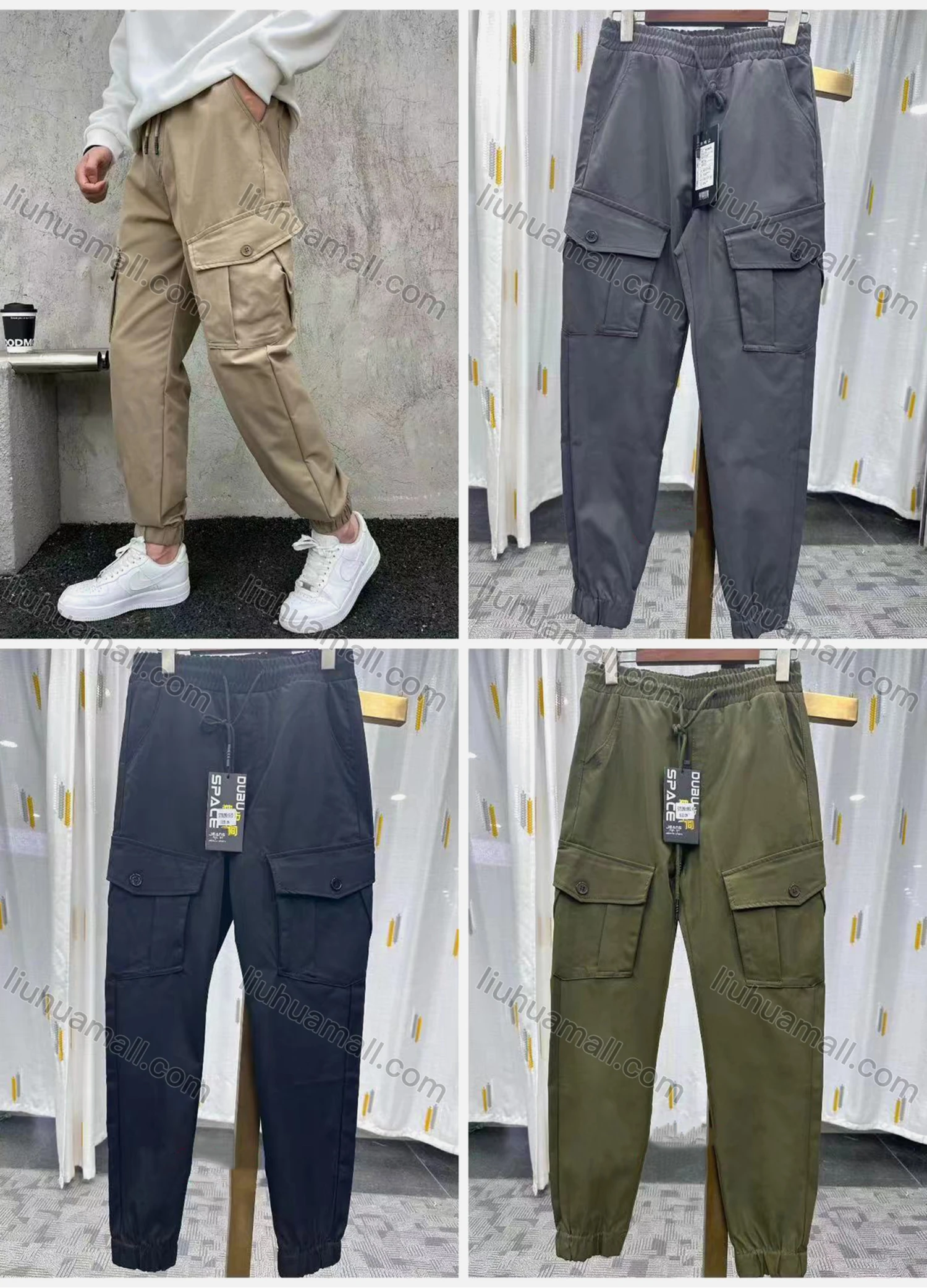 Wholesale Men's Casual Plain Flap Pockets Drawstring Elastic Waist Cargo Pants 6952# - Liuhuamall