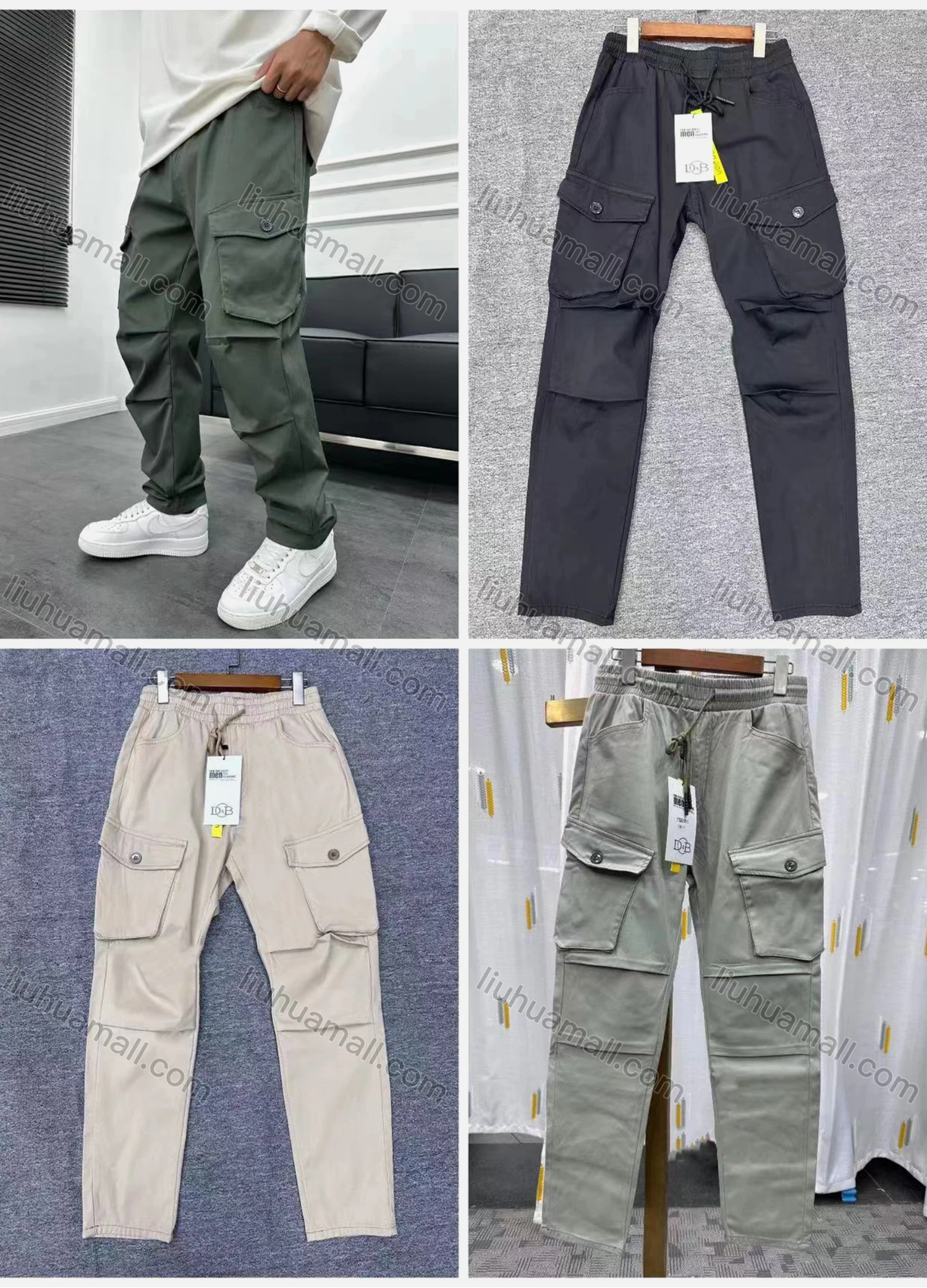 Wholesale Men's Casual Plain Flap Pockets Drawstring Elastic Waist Cargo Pants 6955# - Liuhuamall