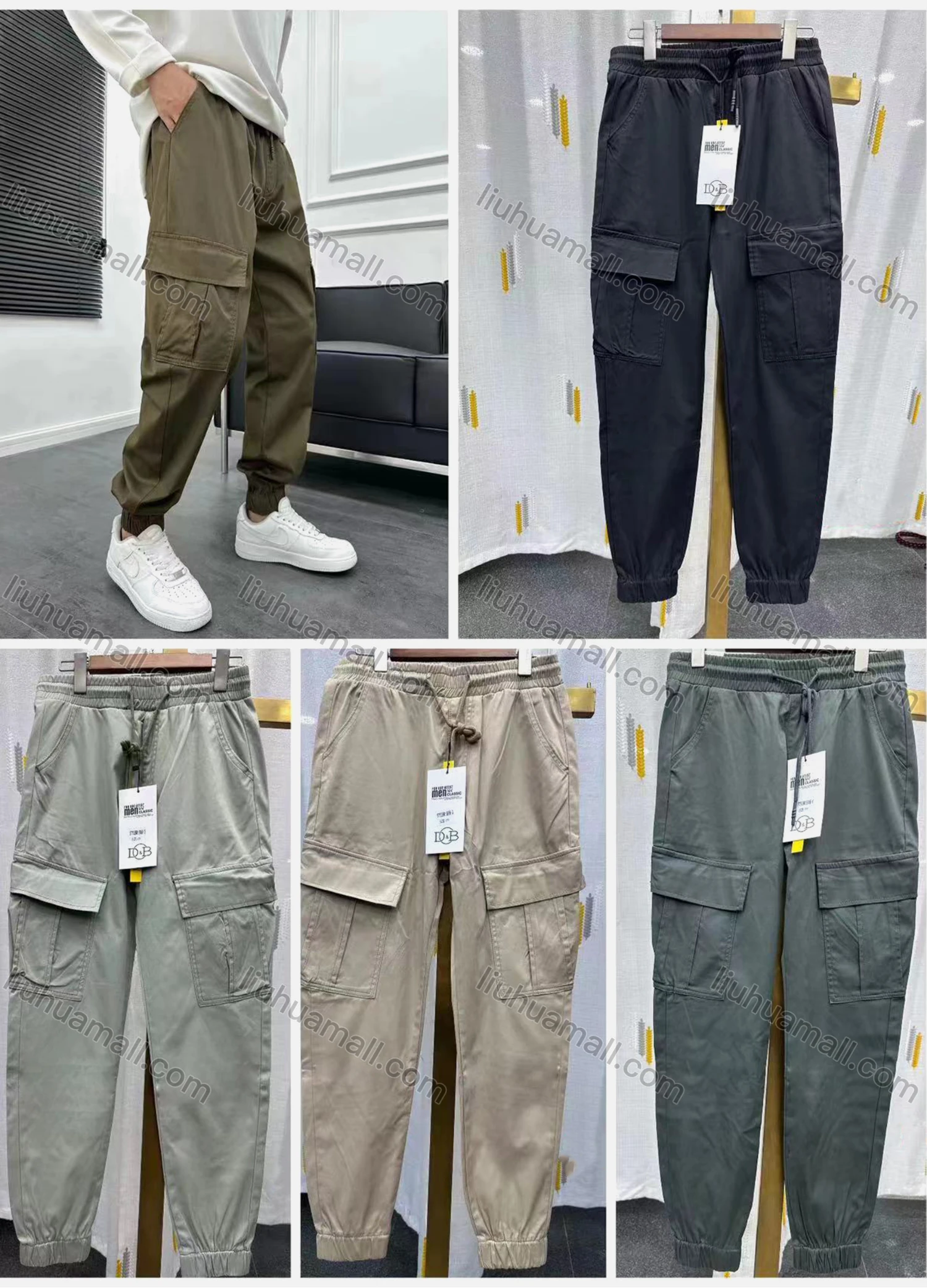 Wholesale Men's Casual Plain Flap Pockets Drawstring Elastic Waist Cargo Pants 6956# - Liuhuamall