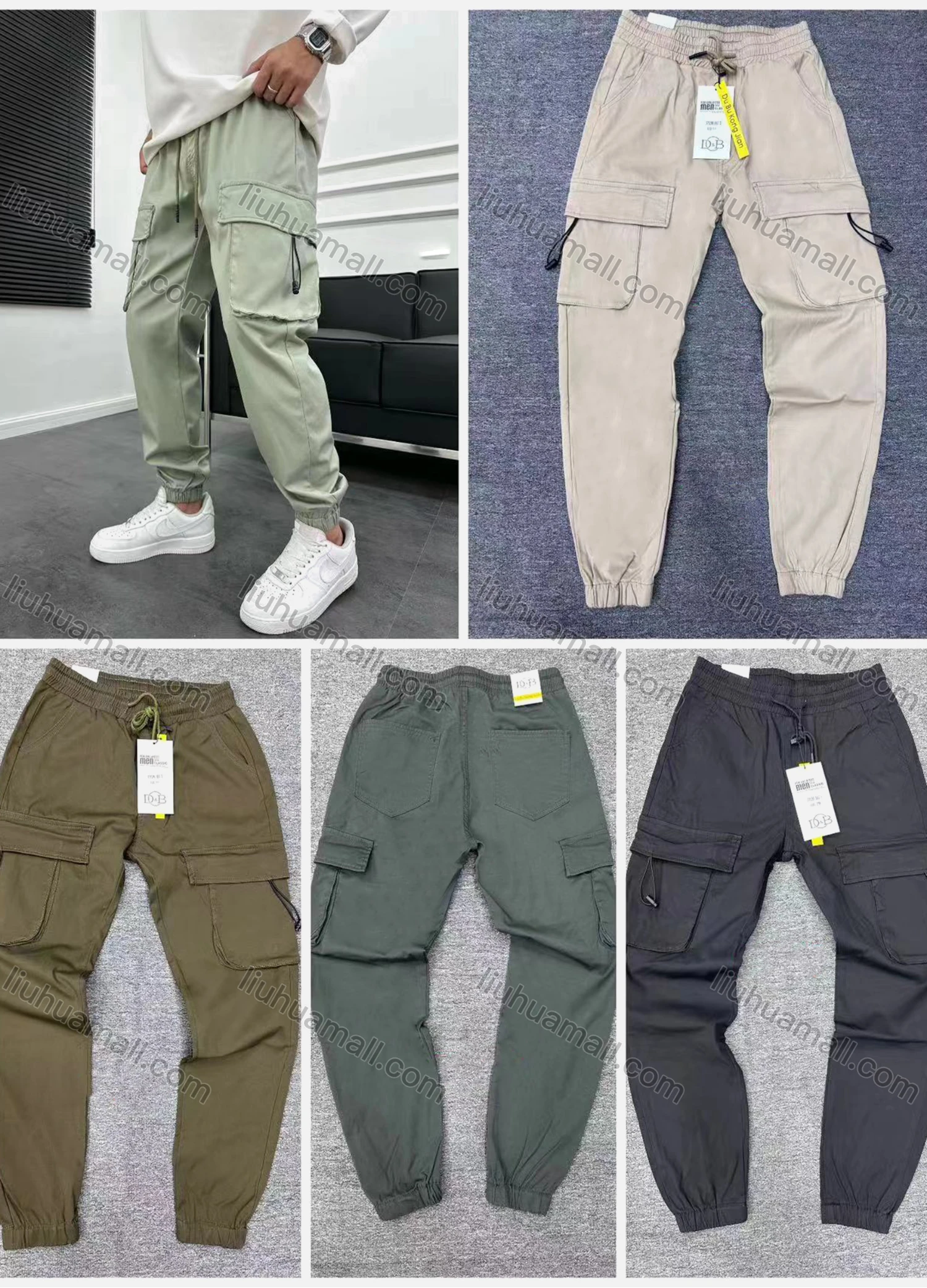 Wholesale Men's Casual Plain Flap Pockets Drawstring Elastic Waist Cargo Pants 6957# - Liuhuamall