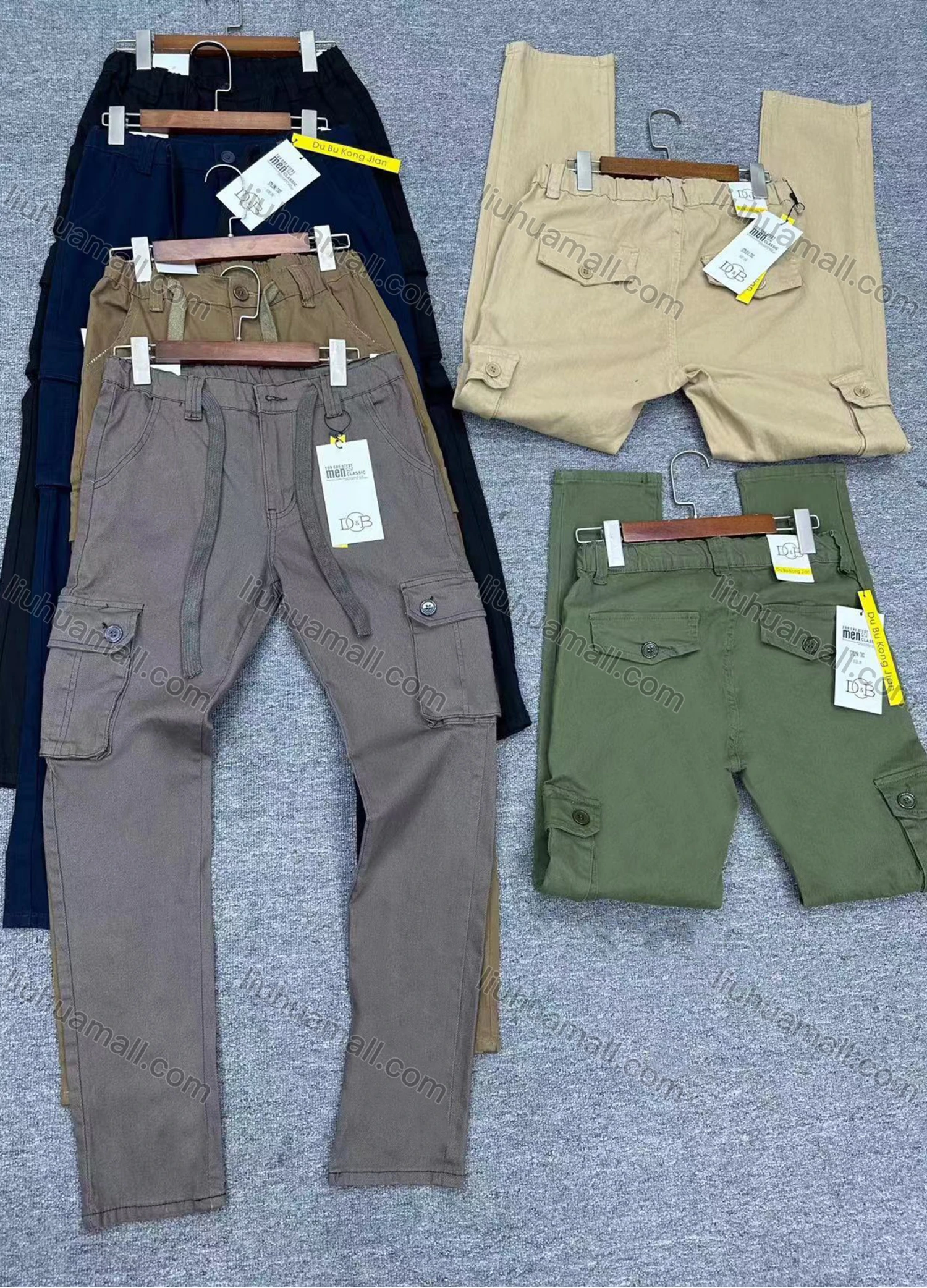 Wholesale Men's Casual Plain Flap Pockets Drawstring Elastic Waist Cargo Pants 7302# - Liuhuamall